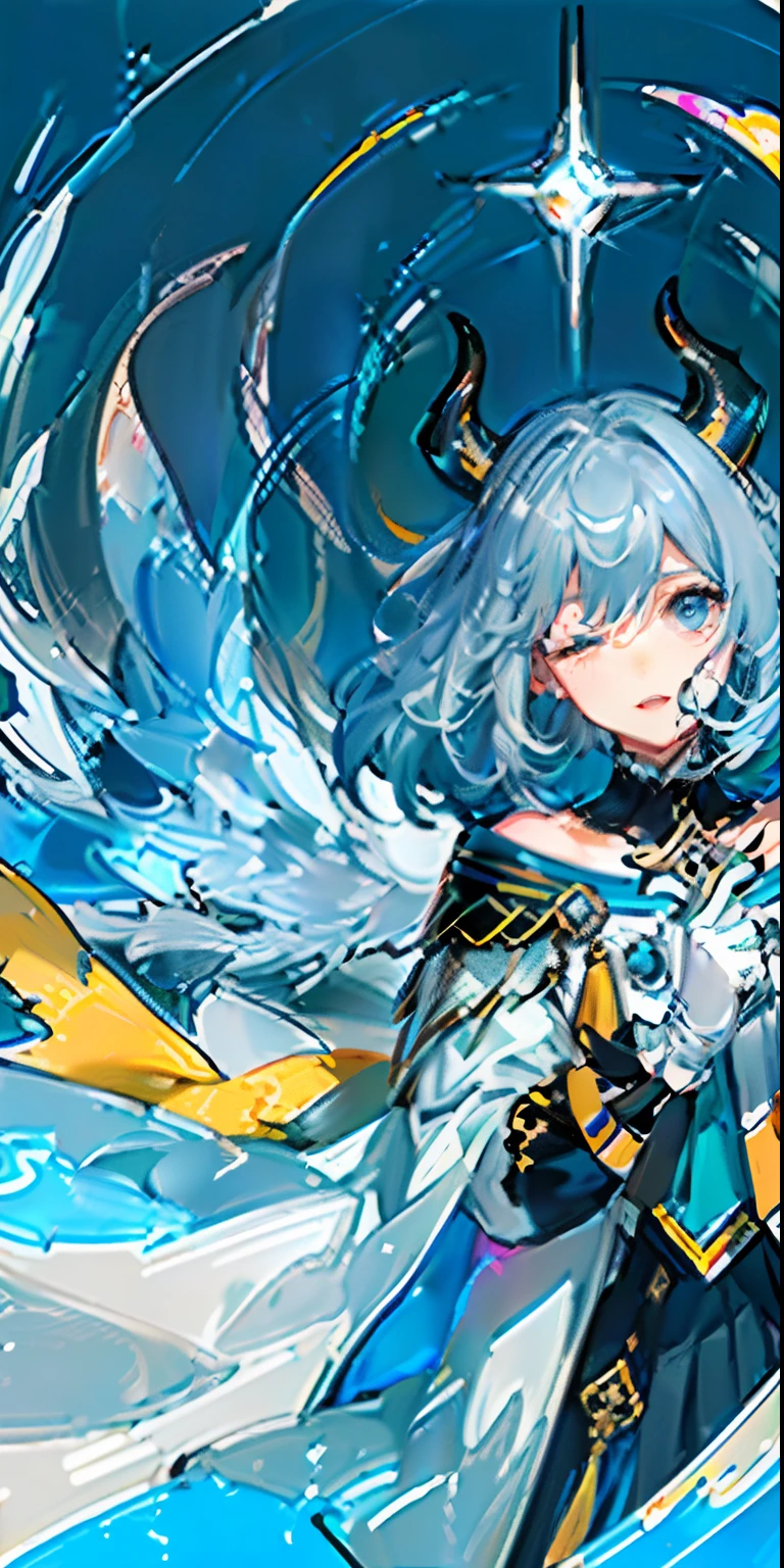 (Highest Quality), (Masterpiece), (Super Detailed), (Eye Detail: 1.0), (Lens Flare: 1.0), (Movie Poster: 1.0), (Tarot Border: 1.0), Portrait Center, (Closeup: 1.0), (Negative Space: 0.8), (Negative Space: 1.6), (Solo), (Floating Color Mesh: 1.0), (Many Color Spikes: 1.0), (Floating Droplets: 1.0), ( Water Magic: 1.0), (Dappled Sun, Rays, Caustics: 1.2), (Iridescence: 1.0), (Beautiful Detail Halo: 1.0), (Lean Back: 1.2), (Grim Expression: 1.0) ,(small:1.0),(open mouth:1.0),(eyelashes),one eye closed,(light blue hair:1.4),(long hair:1.0),(facing viewer:1.3),(head tilt : 1.0), (dynamic pose: 1.1), (asymmetrical hair: 1.2), (orange, (casual, casual), (layered skirt), (gray eyes: 1.4), oblique bangs, high double ponytail, diamond hair ,long coat,(flowing cloak: 1.0),,(abstract background:1.4),(:1.1),(jump:1.1),(tan:1.1),(upper body:1.25),thinking,pupil,++,co-feather , strapless, tights, (white gloves: 1.3), black and red double horns, sleepy