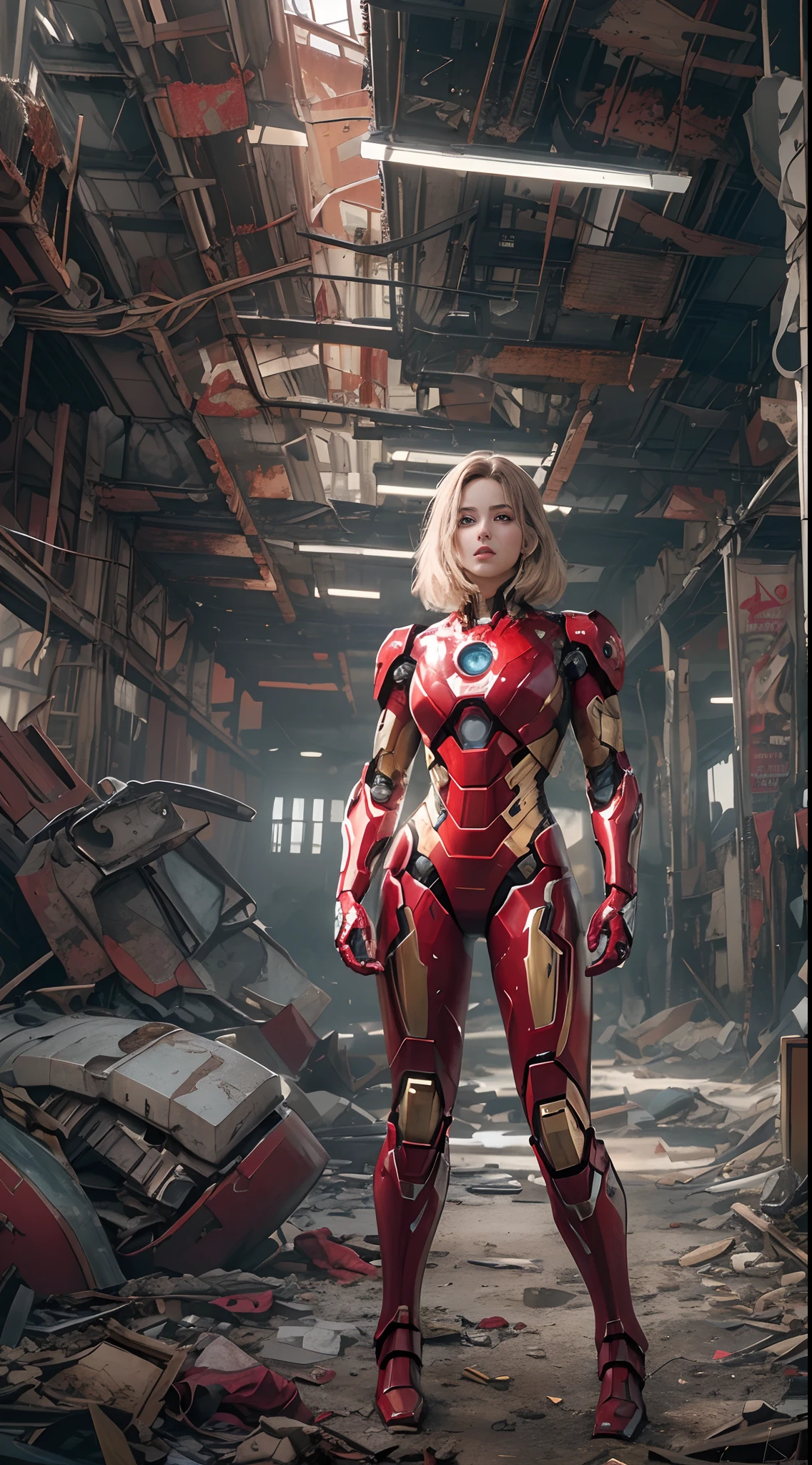 RAW, Masterpiece, Ultra Fine Photo,, Best Quality, Ultra High Resolution, Photorealistic, Sunlight, Full Body Portrait, Stunningly Beautiful,, Dynamic Poses, Delicate Face, Vibrant Eyes, (Side View) , she is wearing a futuristic Iron Man mech, red and gold color scheme, highly detailed abandoned warehouse background, detailed face, detailed and complex busy background, messy, gorgeous, milky white, high detailed skin, realistic skin details, visible pores , sharp focus, volumetric fog, 8k uhd, dslr camera, high quality, film grain, fair skin, photorealism, lomography, sprawling metropolis in futuristic dystopia, view from below, translucent