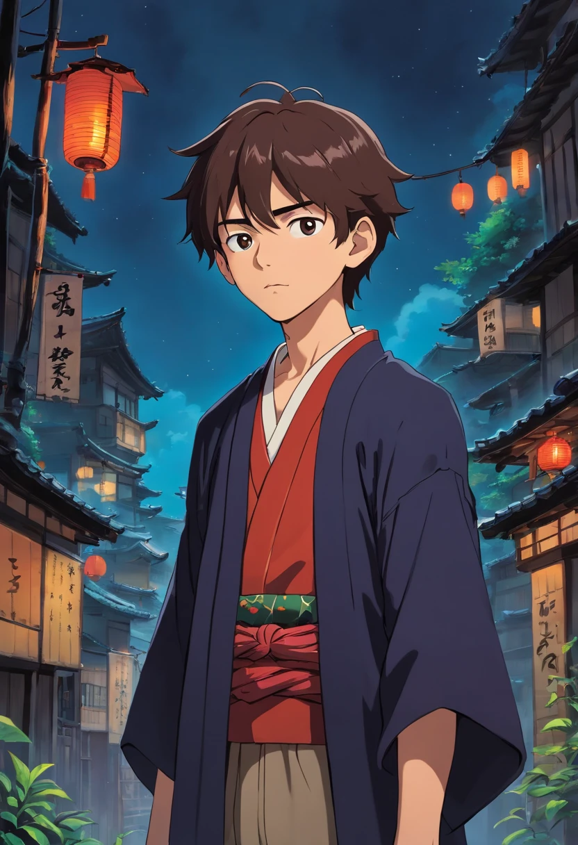strong abandoned taller teenage man protagonist, dirt on face, dark kimono clothing