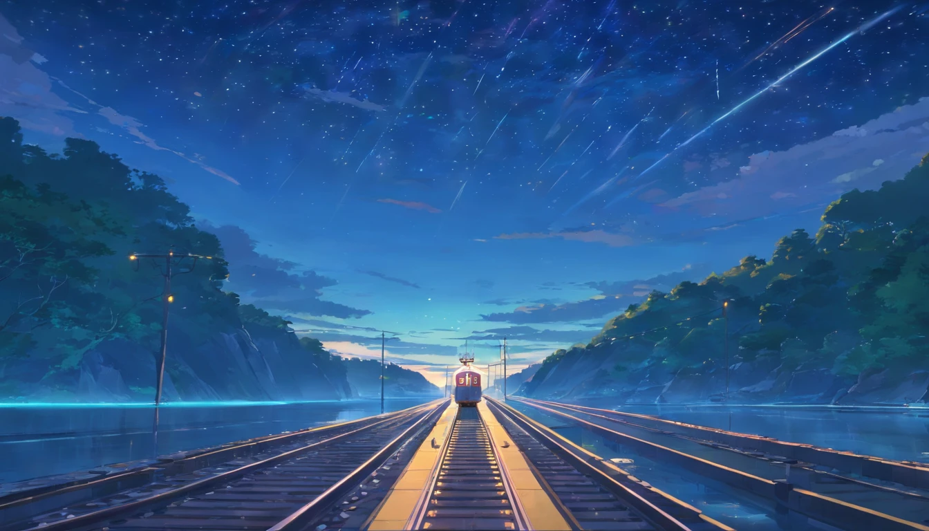 High quality masterpiece ,scenecy,Anime train passing through bodies of water on tracks, Glittering starry sky。Romantic train,Pisif,concept-art,Lofi art style,Reflectors。 By Makoto Shinkai, Lofi art, beautiful anime scenes, Anime landscapes, Detailed scenery —width 672, in the style of makoto shinkai, Makoto Shinkai's style,Detail enhancement
