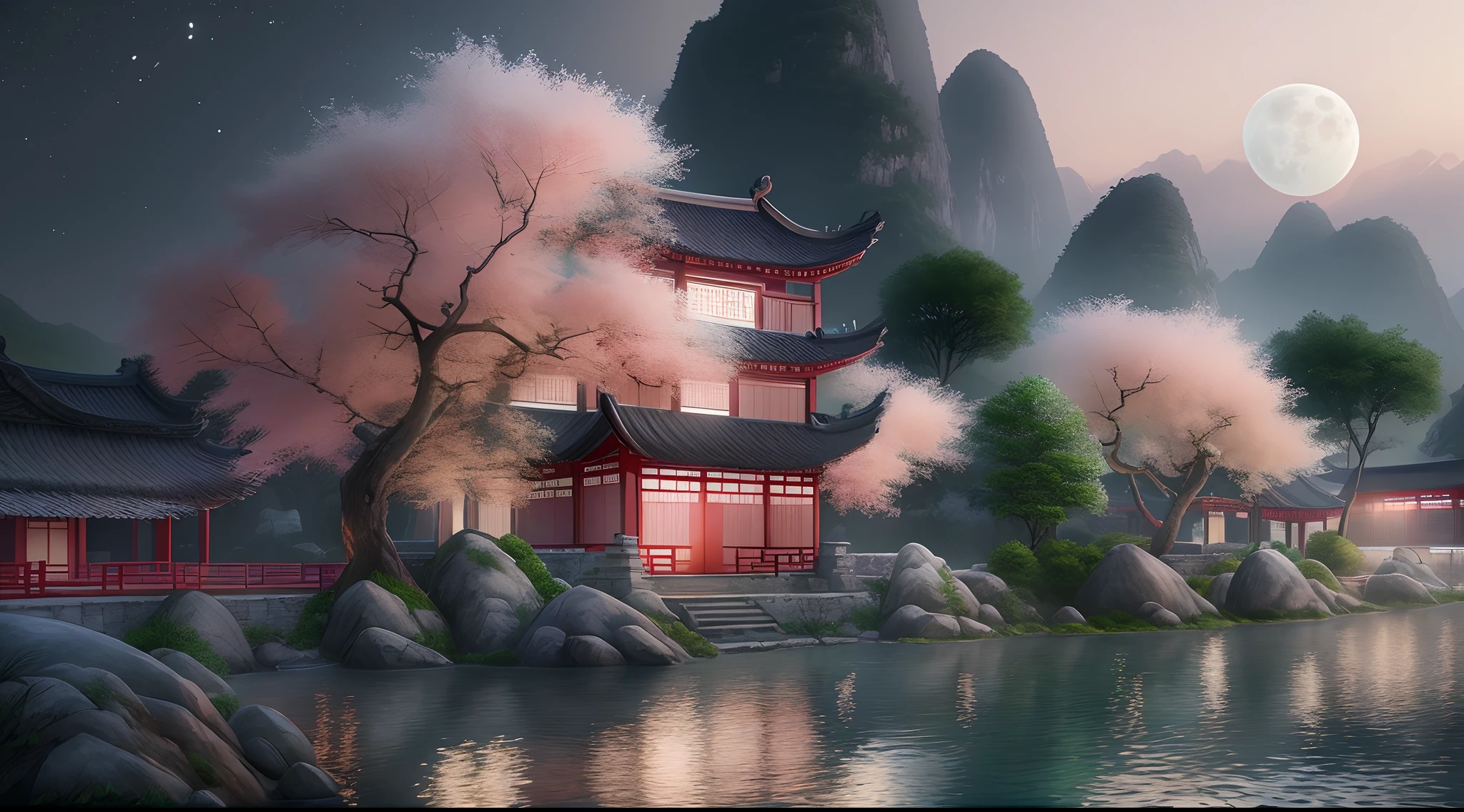 A ultra-realistic CG rendering of Ancient China,A ultra-realistic CG rendering of Guilin landscape, China,Dream small house on besides of the river,In the evening,peach with milky leaves tree,Snow scene，White moonlight, a moon in creating moon,