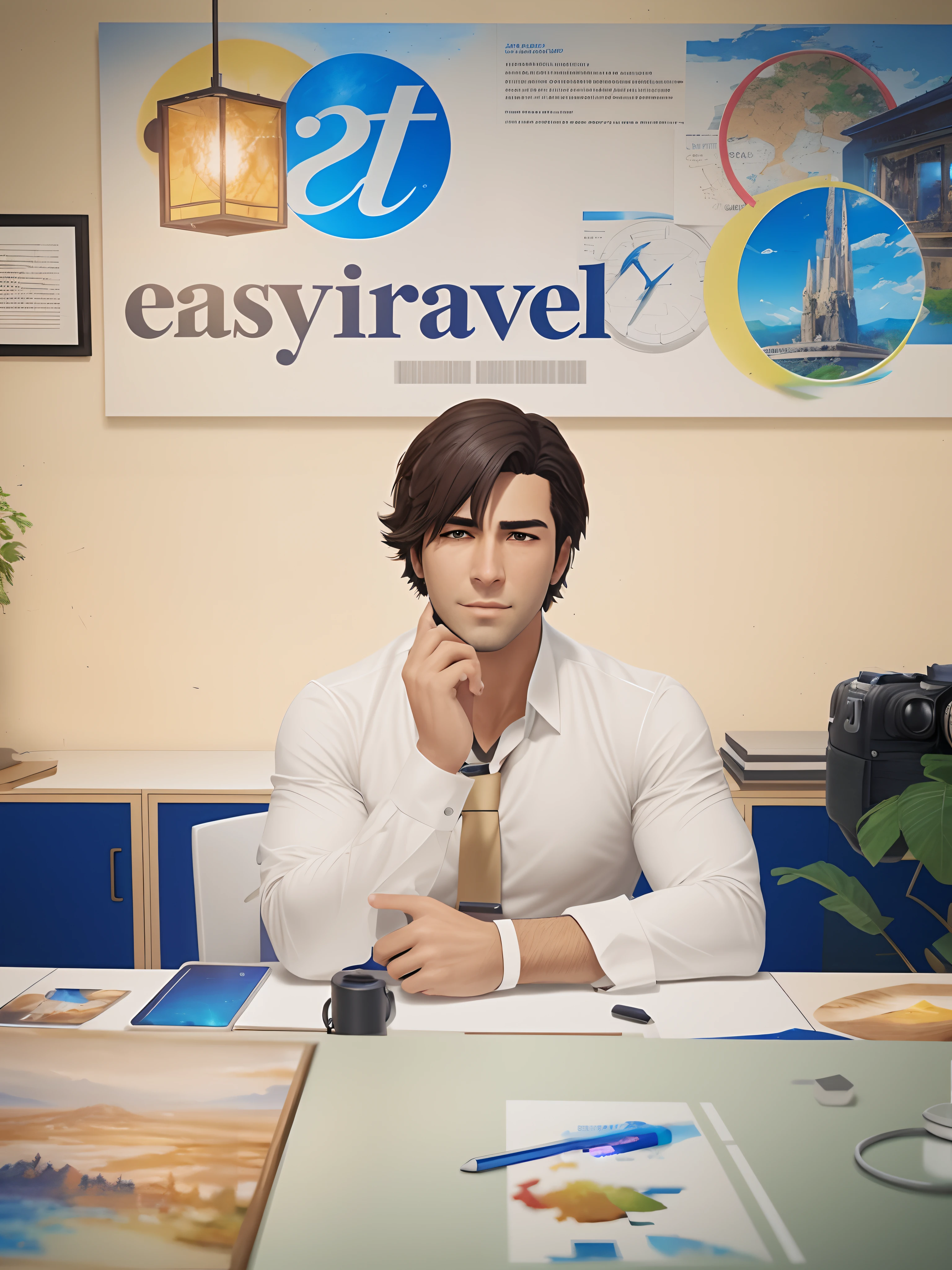 arafed man sitting at a desk with a camera and a cell phone, photorealistic artstyle, promotional render, realistic fantasy render, adventure hyper realistic render, realistic artstyle, by Mikhail Evstafiev, semi - realistic render, official character illustration, official art, maxwell render, makoto shinkai. digital render, alexey egorov
