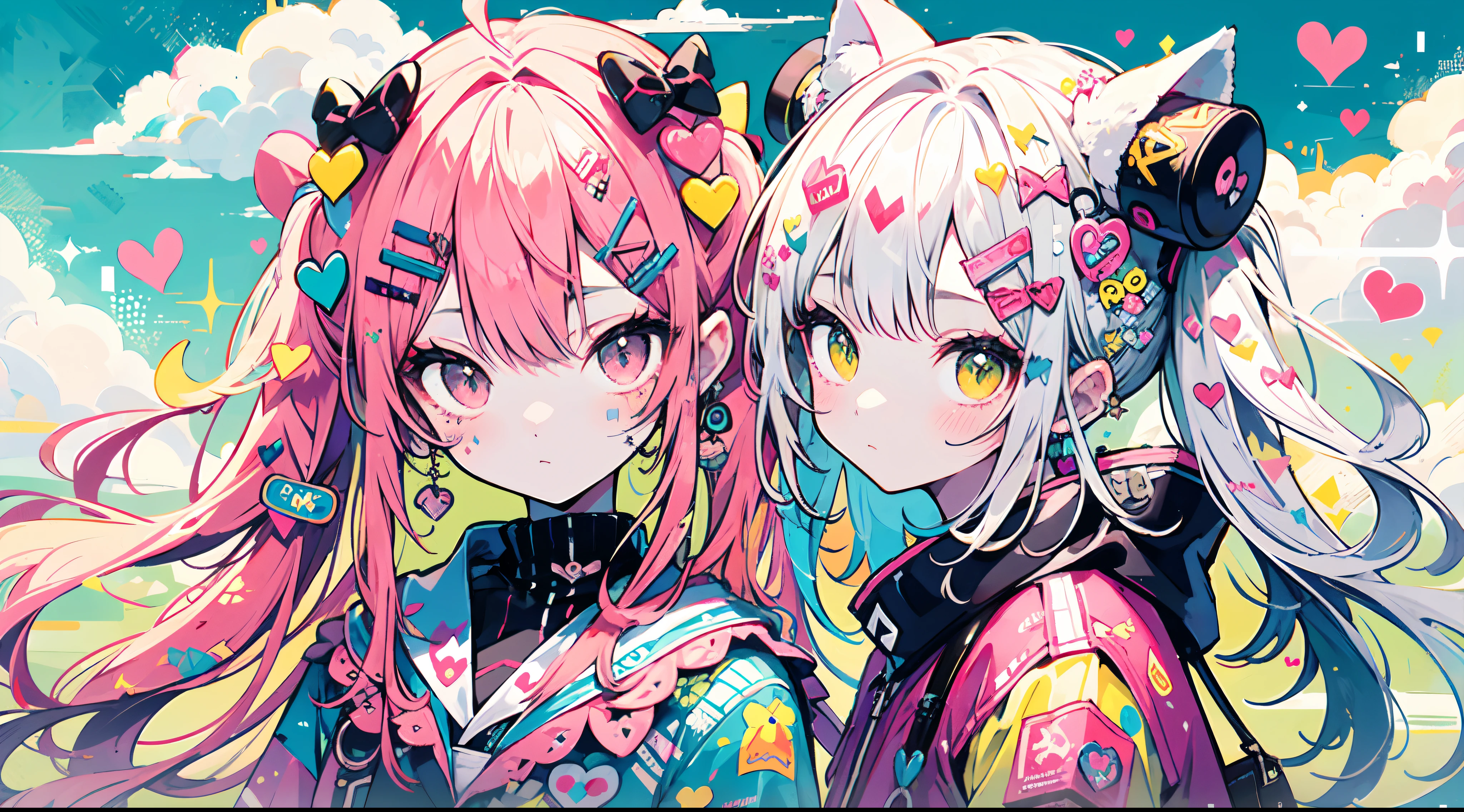 "kawaii, Cute, Adorable girl in pink, yellow, and baby red color scheme. She wears sky-themed clothing with clouds and sky motifs. Her outfit is fluffy and soft, With decora accessories like hair clips. She embodies a vibrant and trendy Harajuku fashion style."