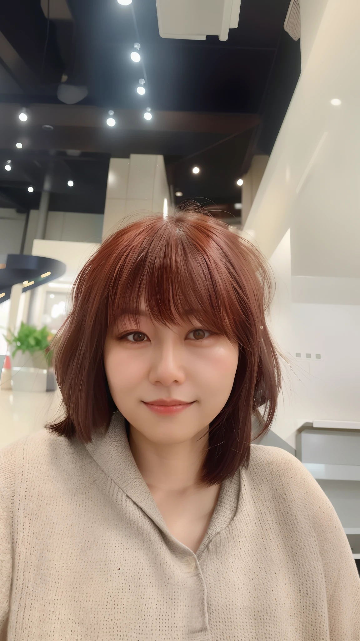 There is a woman with long brown hair and a gray sweater, with short hair, delight, Yun Ling, Hair coloring, xintong chen, With bangs, 8k selfie photograph, 38 years old, Zhang Wanting, xision wu, tidy hair,By bangs, 3 , With red hair, wenfei ye, ren heng, chengyou liu