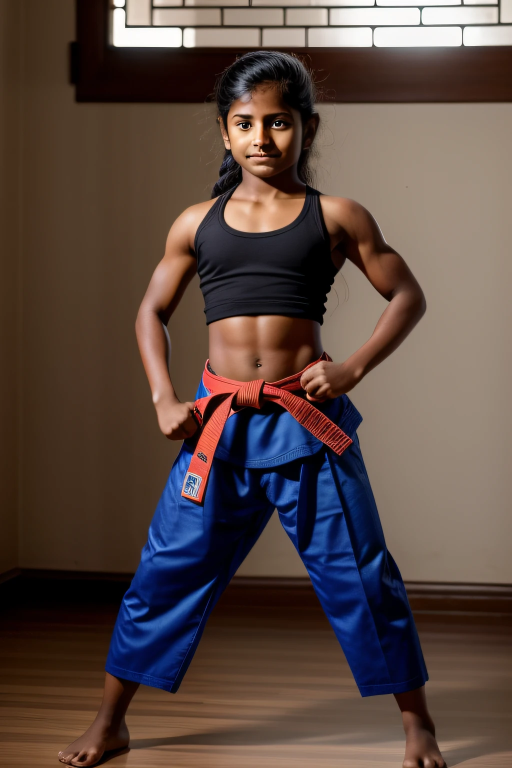 young 13 year old Indian girl looks smug as she flexes her powerful bodybuilder body. wears Karate black belt around waist, bare legs