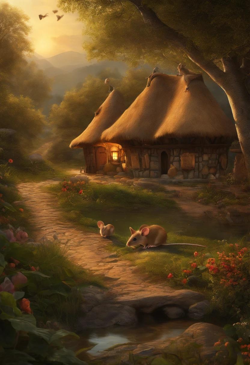 In an ancient Indian village surrounded by a lush forest, there are seven blind mice who possess an insatiable curiosity. They are exploring their surroundings, feeling their way around with their paws and whiskers. The mice stumble upon strange objects, taking turns touching them and trying to guess what they are. The scene is filled with a sense of mystery and wonder, as the mice continue their adventurous exploration in this enchanting village. The image quality should be of the best quality, with ultra-detailed and realistic elements. The artwork should be in the style of illustrations, with vibrant colors and a warm color tone that complements the ancient village setting. The lighting should be soft and natural, enhancing the magical atmosphere of the scene.