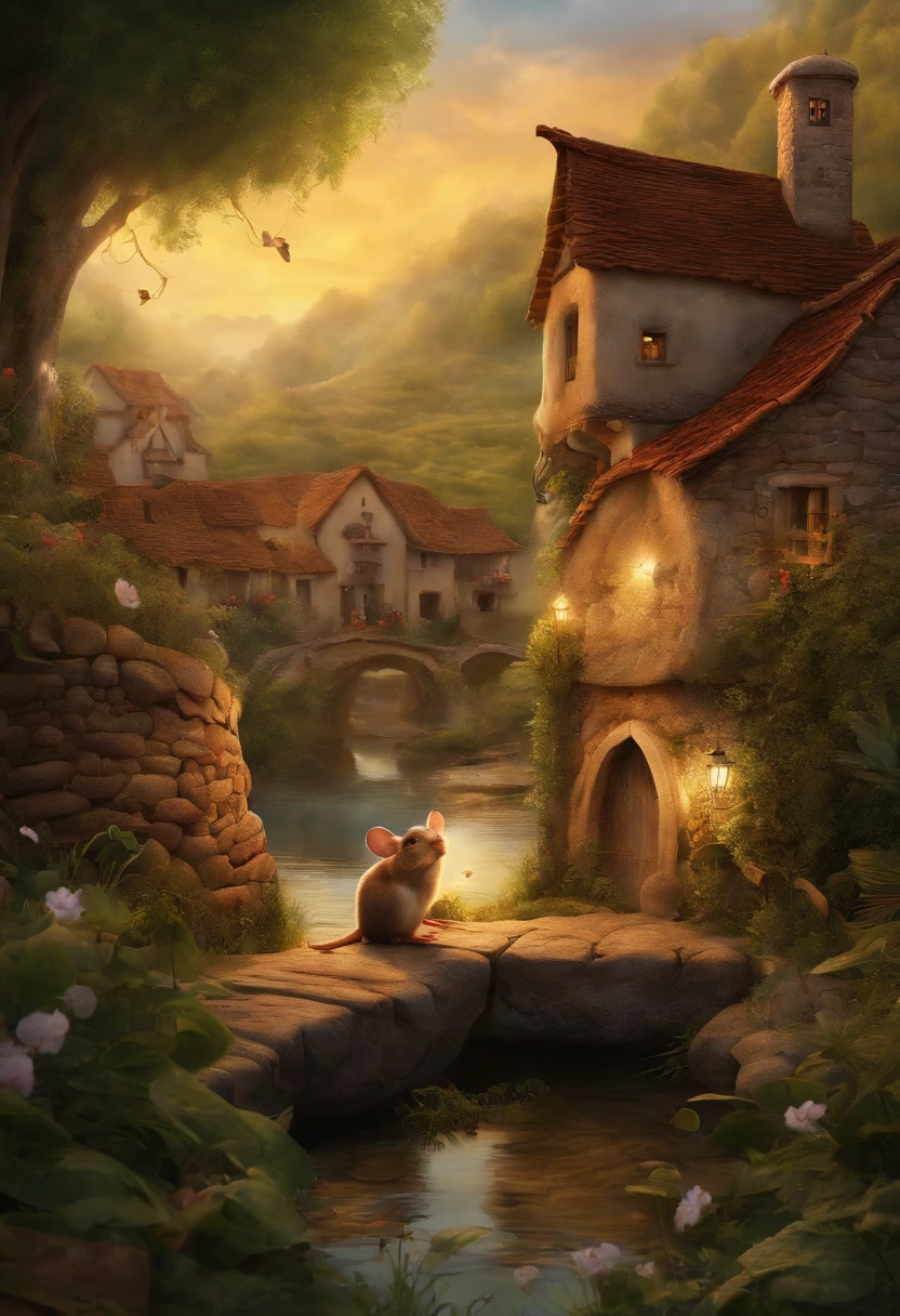 In an ancient Indian village surrounded by a lush forest, there are seven blind mice who possess an insatiable curiosity. They are exploring their surroundings, feeling their way around with their paws and whiskers. The mice stumble upon strange objects, taking turns touching them and trying to guess what they are. The scene is filled with a sense of mystery and wonder, as the mice continue their adventurous exploration in this enchanting village. The image quality should be of the best quality, with ultra-detailed and realistic elements. The artwork should be in the style of illustrations, with vibrant colors and a warm color tone that complements the ancient village setting. The lighting should be soft and natural, enhancing the magical atmosphere of the scene.