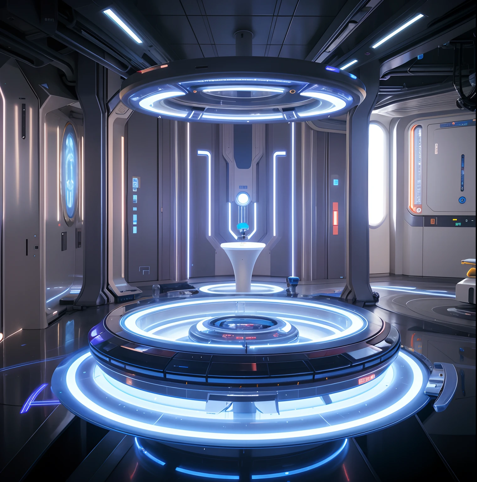 There is a round light in the middle of the Araffed room, futuristic laboratory, futuristic scientific laboratory, Futuristic setting, in futuristic laboratory room, futuristic hall, futuristic environment, futuristic base, futuristic chemistry lab, futuristic room background, sci - fi interior, Futuristic production facility, Futuristic room, futuristic space ship interrior, futuristic interior, luminous scifi engine