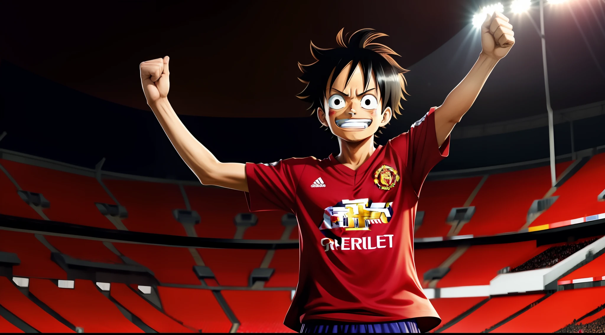 "luffy from One Piece wearing a Manchester United outfit, standing in a stadium, facing the camera, with one hand raised and a smile."