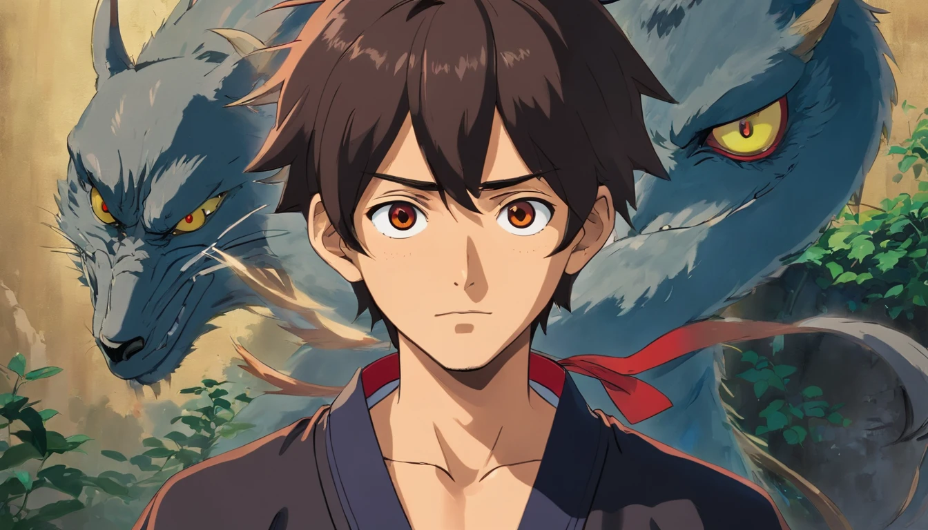 strong abandoned taller age man protagonist, dirt on face, dark kimono clothing, evil tattoo on face