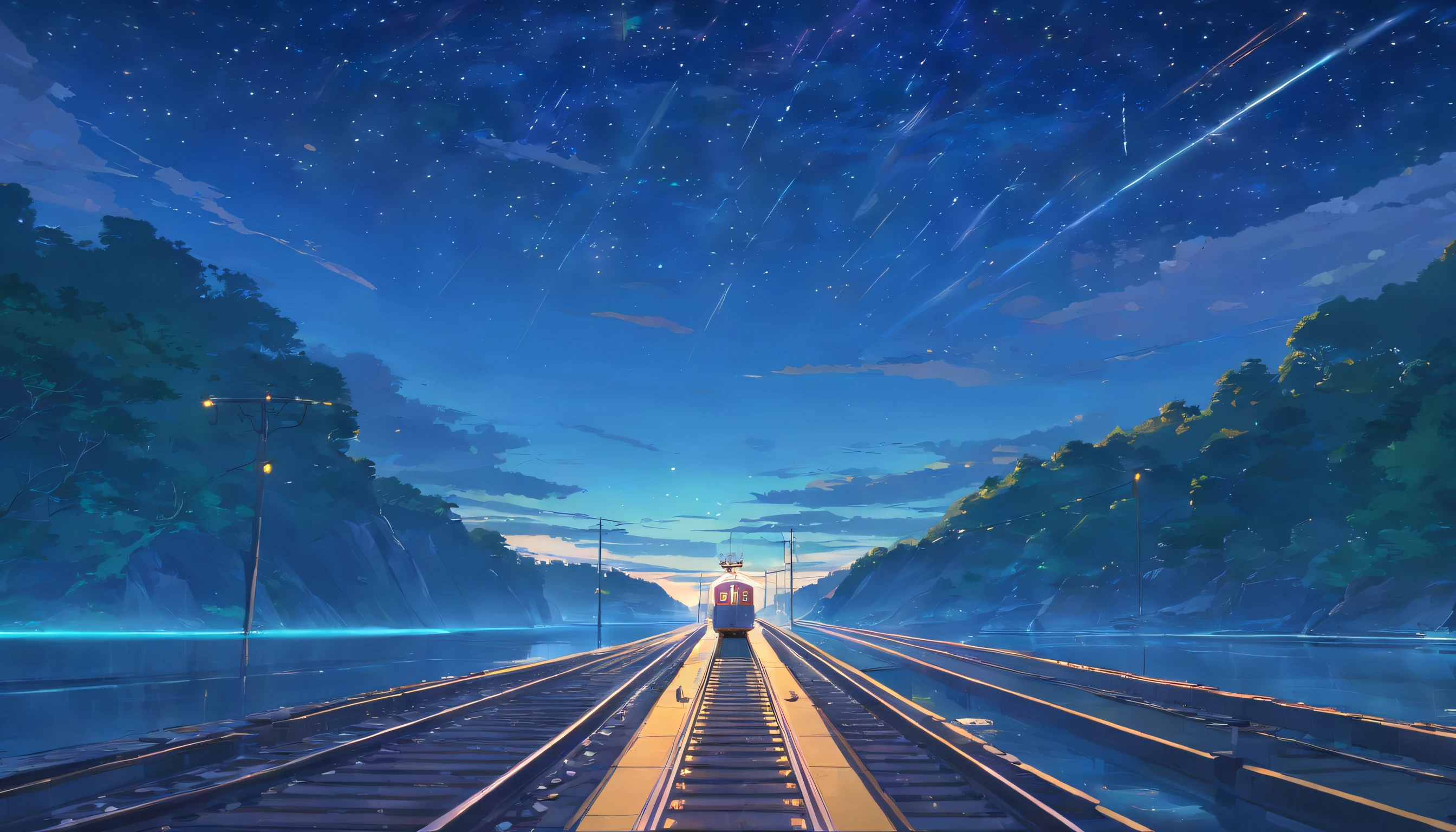 High quality masterpiece ,scenecy,Anime train passing through bodies of water on tracks, Glittering starry sky。Romantic train,Pisif,concept-art,Lofi art style,Reflectors。 By Makoto Shinkai, Lofi art, beautiful anime scenes, Anime landscapes, Detailed scenery —width 672, in the style of makoto shinkai, Makoto Shinkai's style,Detail enhancement