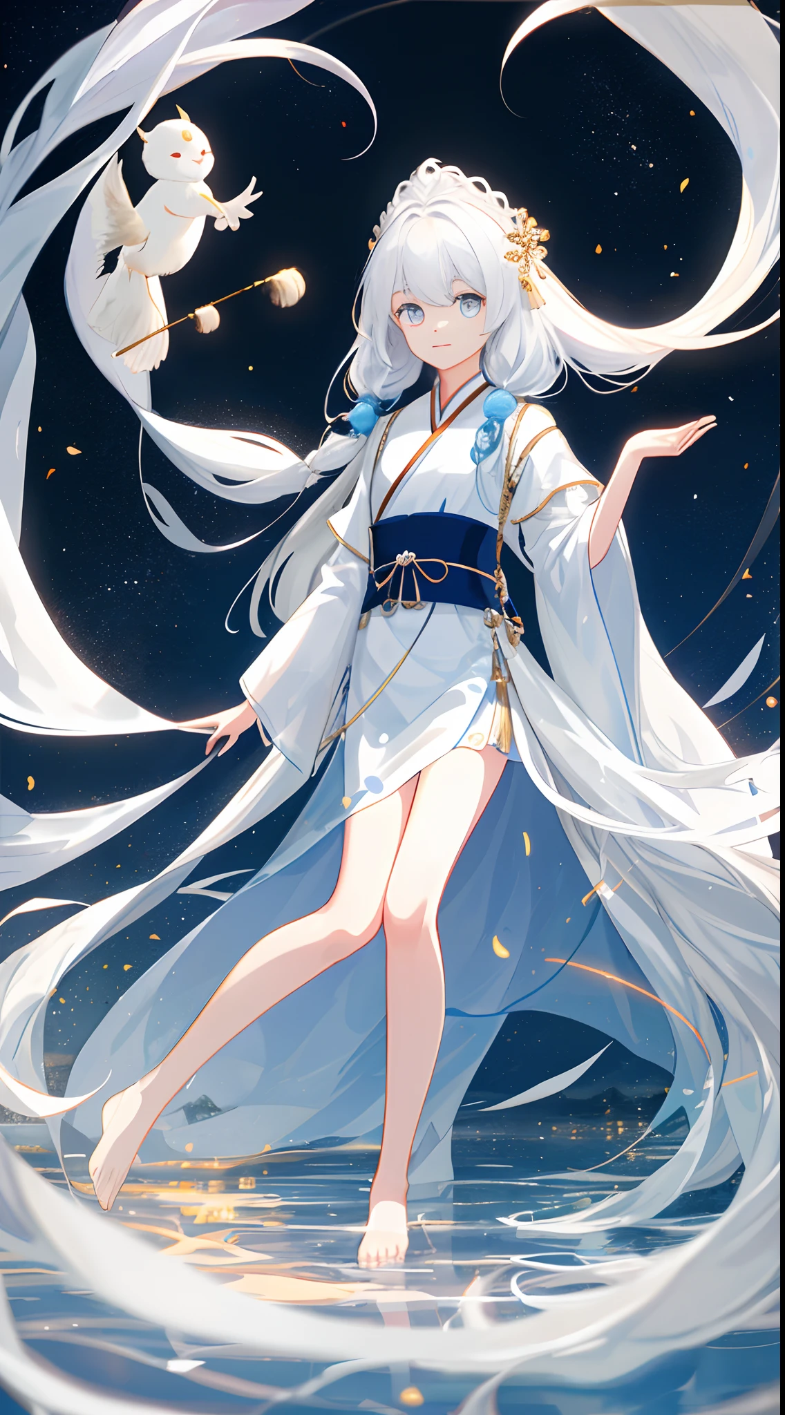 Kizi，White bathtub，Hanfu，Transparent sleeves，Ruffle your hair，ssmile，Moon，Full body like，White fans gradient long hair，Messy hair，Movie Angle，floatking，（Beautiful detailed eyes），（Detailed lighting），cinmatic lighting，Beautiful detailed sky，（1girll），（long whitr hair），glowing light eyes，（lighting particle），（painting of a），rich colours，foamy，tinas