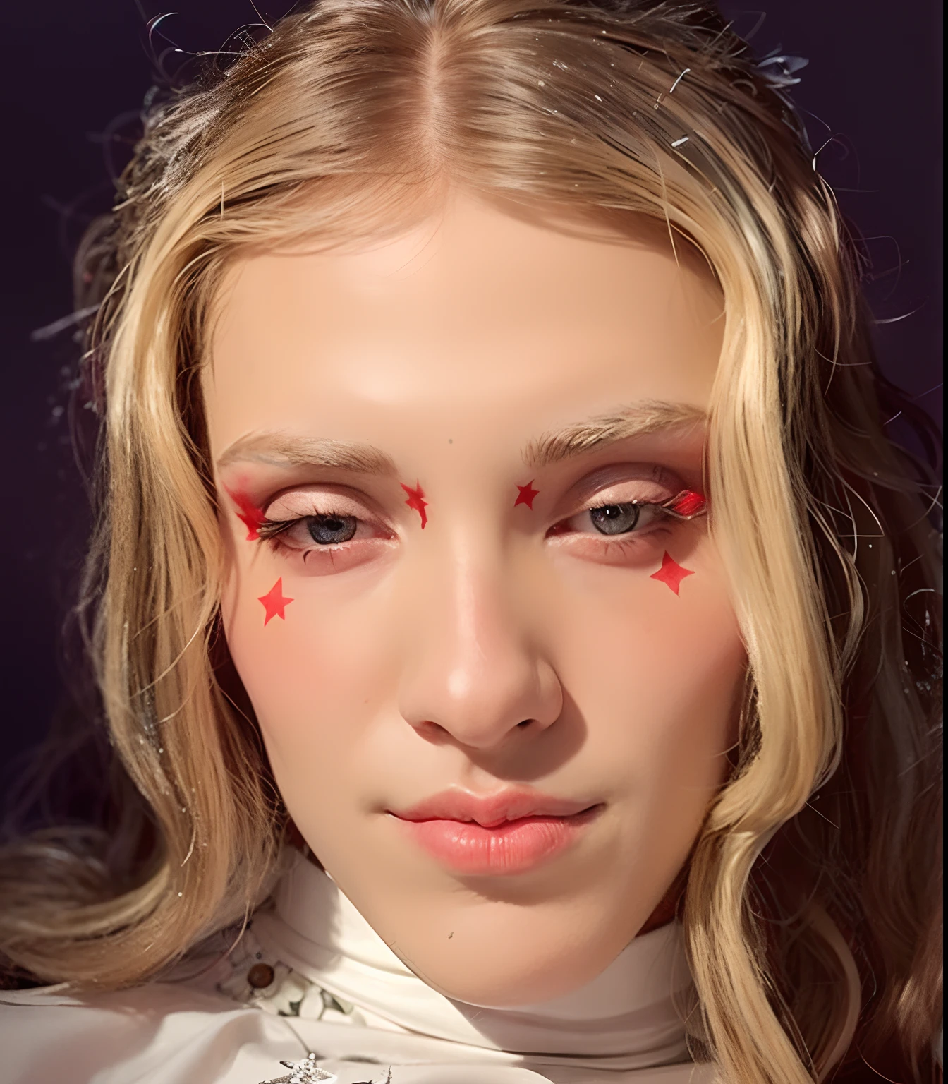 a close up of a woman with red stars on her face, looks a blend of grimes, face like ester exposito, looks like a mix of grimes, intense watery glowing red eyes, fiery red watery eyes, red neon eyes, she looks like a mix of grimes, white horns from eyebrows, red contact lenses, red contacts