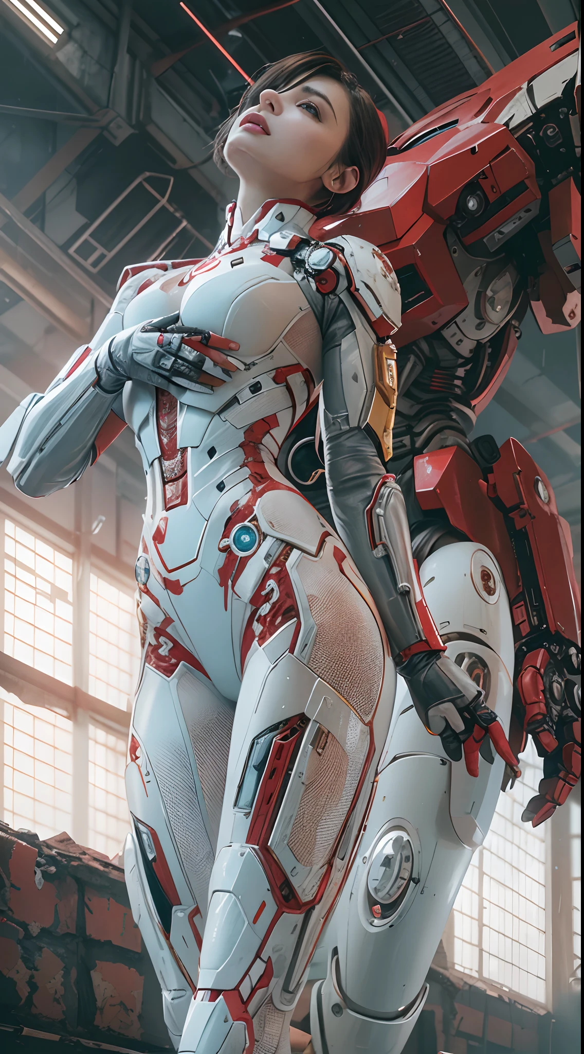 RAW, Masterpiece, Ultra Fine Photo,, Best Quality, Ultra High Resolution, Photorealistic, Sunlight, Full Body Portrait, Stunningly Beautiful,, Dynamic Poses, Delicate Face, Vibrant Eyes, (Side View) , she is wearing a futuristic Iron Man mech, red and gold color scheme, highly detailed abandoned warehouse background, detailed face, detailed and complex busy background, messy, gorgeous, milky white, high detailed skin, realistic skin details, visible pores , sharp focus, volumetric fog, 8k uhd, dslr camera, high quality, film grain, fair skin, photorealism, lomography, sprawling metropolis in futuristic dystopia, view from below, translucent