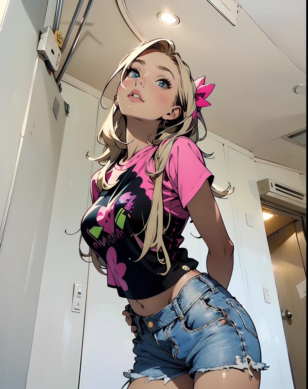 blond haired woman in a pink shirt and denim shorts blowing a kiss, sydney sweeney, distorted pose, instagram model, bella thorne, chloe moretz, sexy pose, very sexy pose, sexy look, chloe grace moretz, wearing a shirt and a jean, the extremely hot and sexy, wearing a sexy cropped top, face like ester exposito