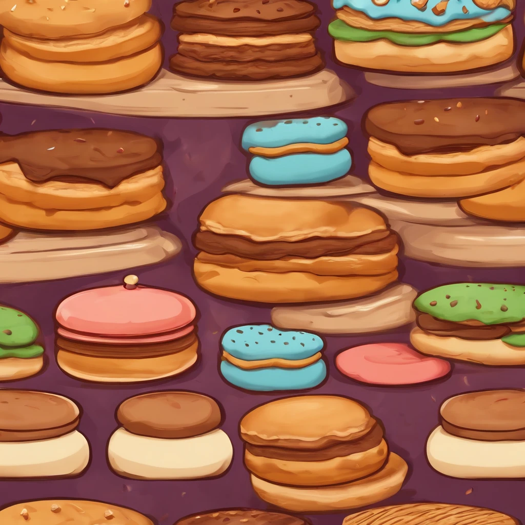 Cartoon anime front view,Freshly baked biscuits from the dessert cake shop