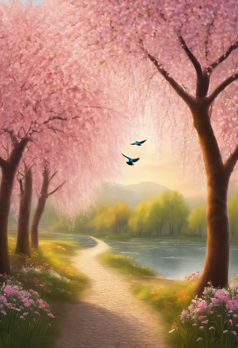 Spring,There are two words Lichun,Warm and gentle spring,grow,plethora of colors,bright,There are two little swallows flying in the sky,There are willow trees on both sides