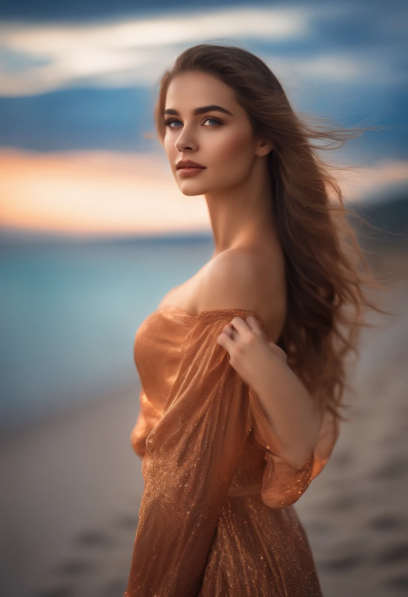 1 girl, flowing hair, (shining dress), looking back, exquisite facial features, extremely beautiful face, walking on the beach, blue sea, horizon, stars, clear details, light spots, lens halo, soft light contrast, blue and orange light, dramatic landscape style, elegant, clear focus, soft lighting, vibrant colors, masterpiece,