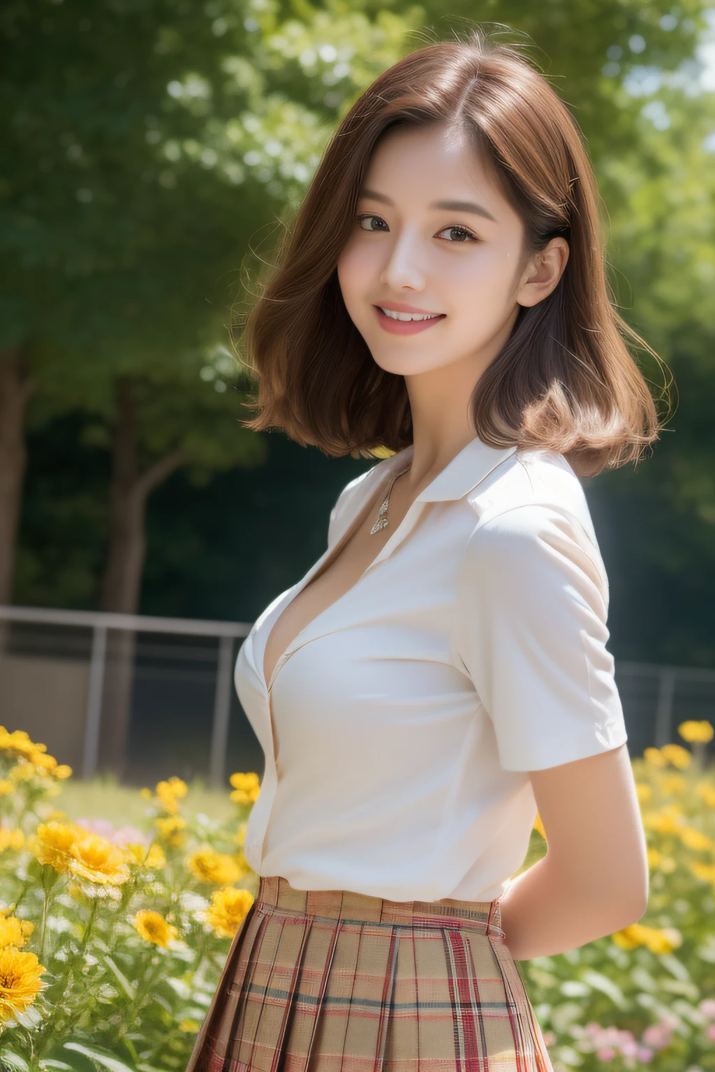 NSFW, 8k RAW photo, Best Quality, ((masutepiece)), 超A high resolution, Film grain, filmg,( 20yr old, Slender face, 1girl in, slanted eye, eyesight, long eyelashes, Eye Highlights), Looking at Viewer, Natural Skin Texture, A perfectly proportioned face, Dimples, realistic eyes and face details, Full lips, lip stick, (makeup), Red eyeshadow, Perm Hair, Fluffy short hair, hair messy, Smile, closes mouth, Beautiful legs, Tall lady, skinny, slim_Legs, Solo, huge-breasted, cleavage, Ultra short skirt, Ass, Shirt, (beautiful nature location, around flowers location), (Detailed background), (Beige plaid skirt, White shirt), huge-breasted, cleavage, Show a little cleavage through the shirt, lowfers, Blurry background, Blurry, Plaid, Short sleeves, Brown hair, Bangs, ((School uniform)), a necklace, Parted lips, Lips, From Side, Pleated skirt, depth of fields