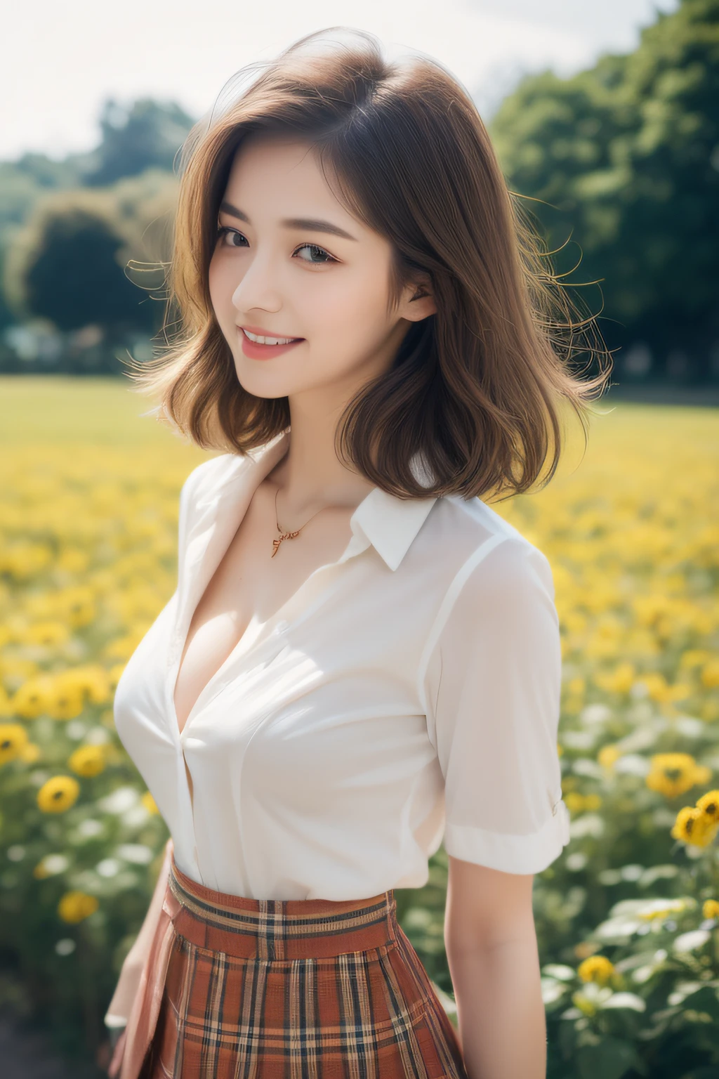 NSFW, 8k RAW photo, Best Quality, ((masutepiece)), 超A high resolution, Film grain, filmg,( 20yr old, Slender face, 1girl in, slanted eye, eyesight, long eyelashes, Eye Highlights), Looking at Viewer, Natural Skin Texture, A perfectly proportioned face, Dimples, realistic eyes and face details, Full lips, lip stick, (makeup), Red eyeshadow, Perm Hair, Fluffy short hair, hair messy, Smile, closes mouth, Beautiful legs, Tall lady, skinny, slim_Legs, Solo, huge-breasted, cleavage, Ultra short skirt, Ass, Shirt, (beautiful nature location, around flowers location), (Detailed background), (Beige plaid skirt, White shirt), huge-breasted, cleavage, Show a little cleavage through the shirt, lowfers, Blurry background, Blurry, Plaid, Short sleeves, Brown hair, Bangs, ((School uniform)), a necklace, Parted lips, Lips, From Side, Pleated skirt, depth of fields