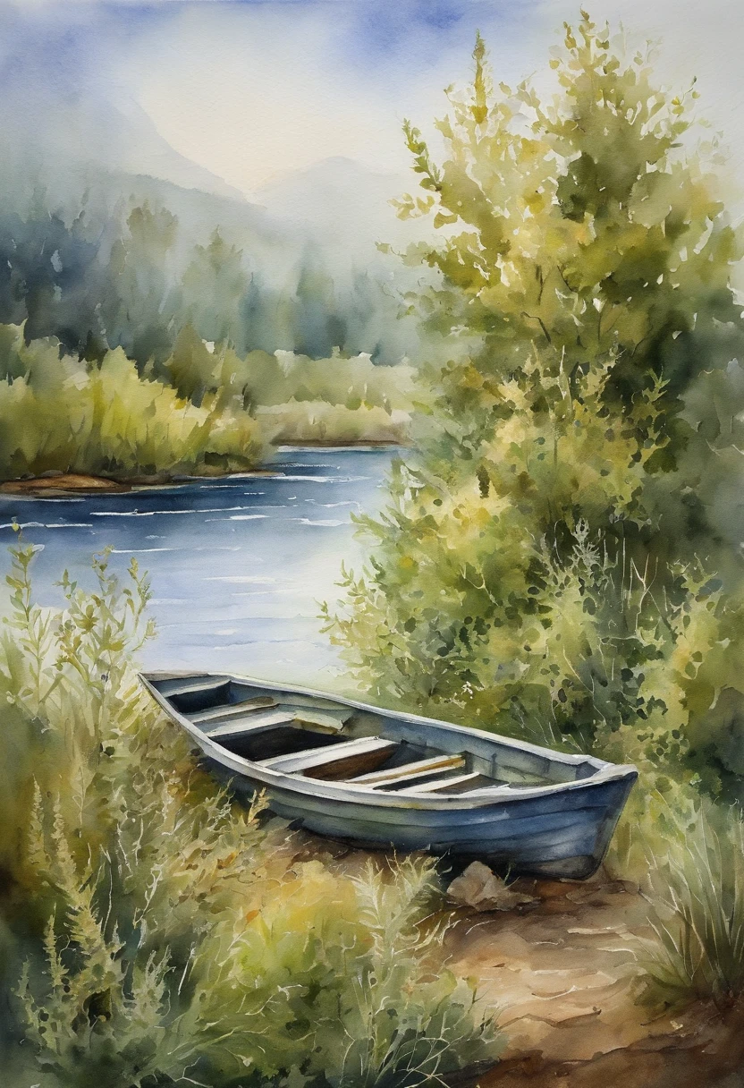 Wormwood grows by the river with a boat in the middle