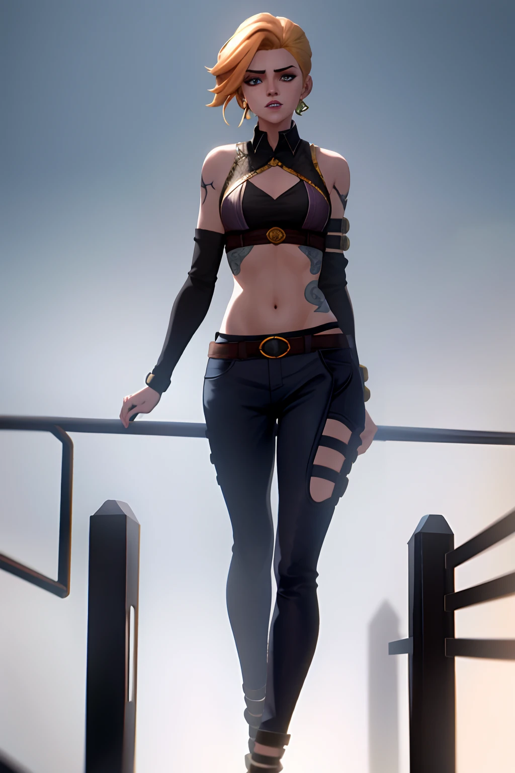 Arcane style，1girll，Arm tattoos，Golden hair，blue color eyes，short detailed hair，Hermaphroditic face，a beauty girl，Black shirt，looking at viewert，laughingly，frenzied，Tiger Tooth，Crazy look，the night，城市，Mid-abdomen，lips in red，The shirt，独奏，standing on your feet，Tattooed with，The upper part of the body