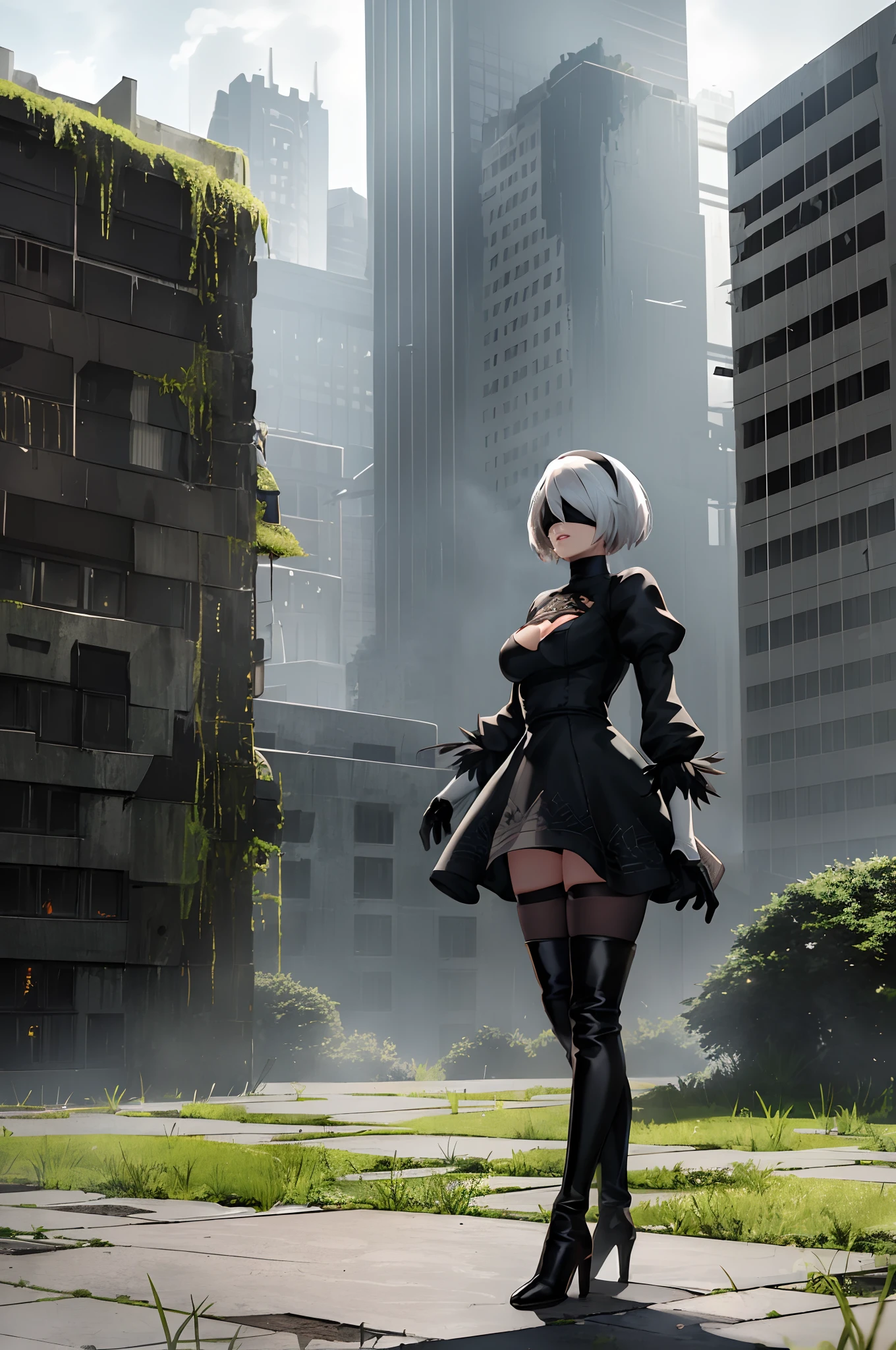 yorha no. 2 type b, 1girl, absurdres, black blindfold, black dress, black hairband, blindfold, blue sky, boots, building, city, cloud, covered eyes, debris, dress, feather-trimmed sleeves, feather trim, from below, gloves, grass, hairband, high heel boots, high heels, highres, juliet sleeves, katana, leather, leather boots, long sleeves, nier \(series\), nier automata, outdoors, overgrown, pod \(nier automata\), post-apocalypse, puddle, puffy sleeves, rubble, ruins, scenery, sky, thigh boots, thighhighs, thighhighs under boots, water