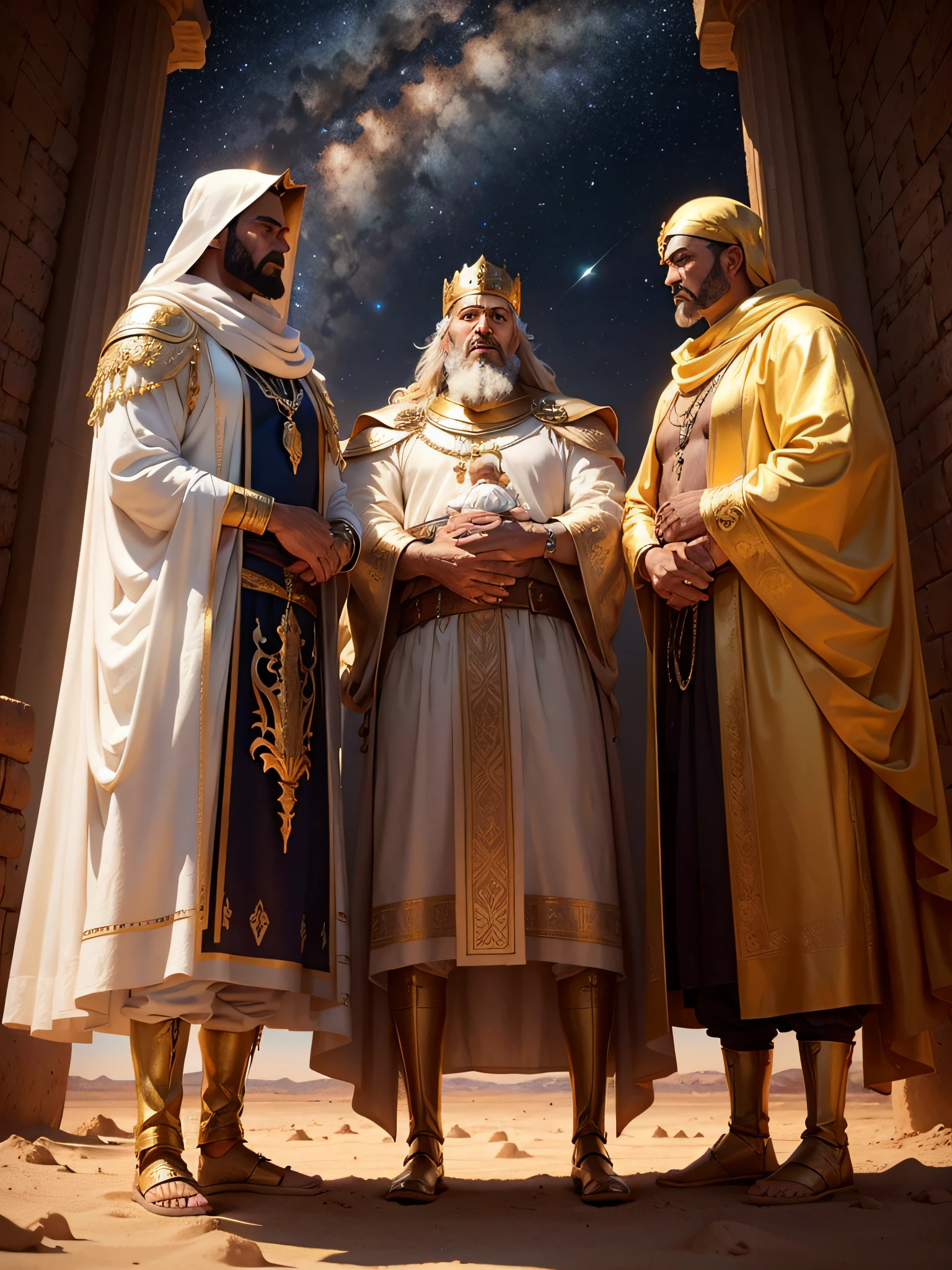 three kings from biblical times, standing next to each other looking at the camara, cinematic desert , gold, camels, spectacular stary night, , meeting a baby. --auto