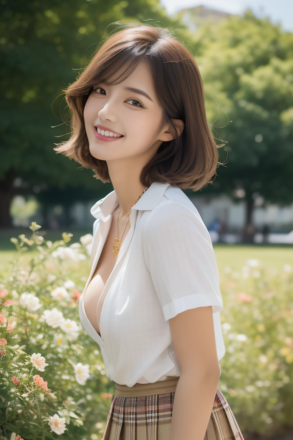 , 8k RAW photo, Best Quality, ((masutepiece)), 超A high resolution, Film grain, filmg,( 20yr old, Slender face, 1girl in, slanted eye, eyesight, long eyelashes, Eye Highlights), Looking at Viewer, Natural Skin Texture, A perfectly proportioned face, Dimples, realistic eyes and face details, Full lips, lip stick, (makeup), Red eyeshadow, Perm Hair, Fluffy short hair, hair messy, Smile, closes mouth, Beautiful legs, Tall lady, skinny, slim_Legs, Solo, huge-breasted, cleavage, Ultra short skirt, Ass, Shirt, (beautiful nature location, around flowers location), (Detailed background), (Beige plaid skirt, White shirt), huge-breasted, cleavage, Show a little cleavage through the shirt, lowfers, Blurry background, Blurry, Plaid, Short sleeves, Brown hair, Bangs, ((School uniform)), a necklace, Parted lips, Lips, From Side, Pleated skirt, depth of fields