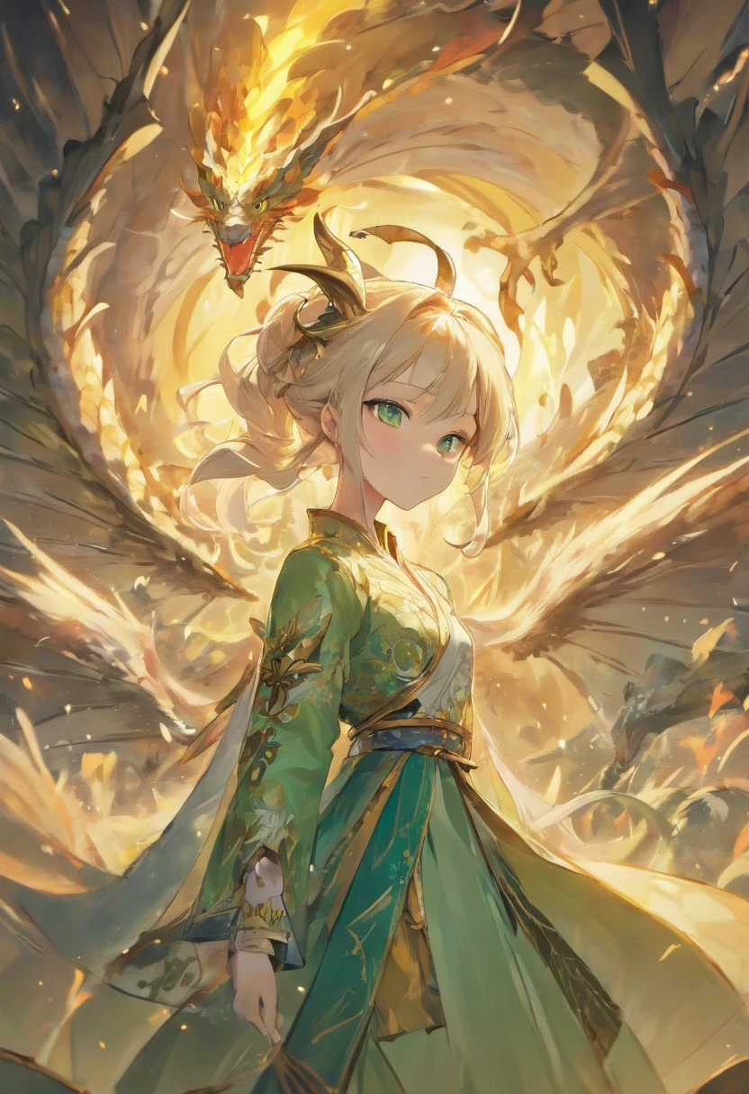 (masterpiece), (best quality), (super delicate), (illustration), (extremely delicate and beautiful), (dynamic angle), white and black highlights, (legendary Dragon Queen:1.3)(1 girl), Hanfu, (complex details) (beautiful and delicate eyes), golden eyes, green pupils, delicate face, upper body, messy floating hair, messy hair, focus, perfect hands, (fantasy wind)