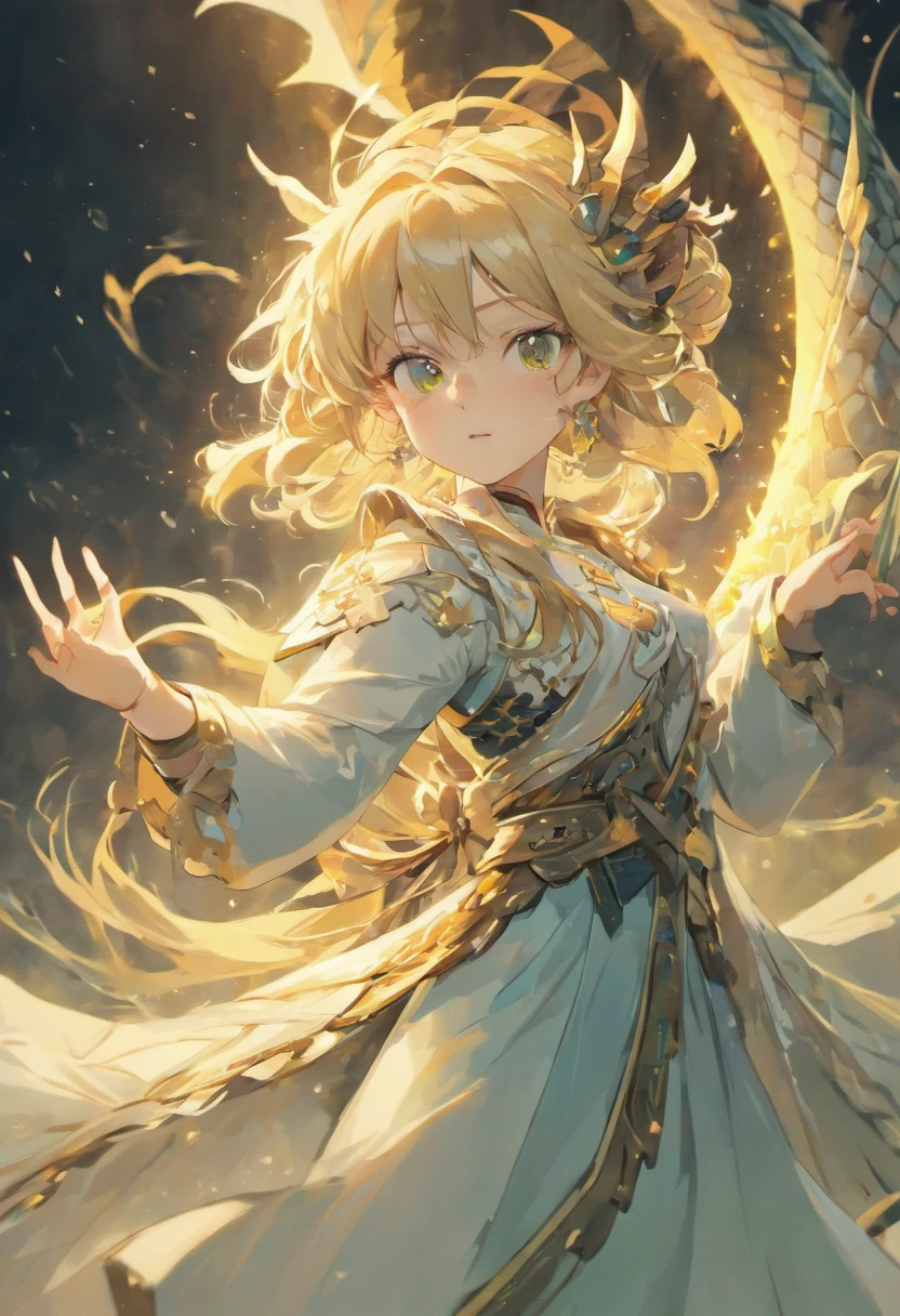 (masterpiece), (best quality), (super delicate), (illustration), (extremely delicate and beautiful), (dynamic angle), white and black highlights, (legendary Dragon Queen:1.3)(1 girl), Hanfu, (complex details) (beautiful and delicate eyes), golden eyes, green pupils, delicate face, upper body, messy floating hair, messy hair, focus, perfect hands, (fantasy wind)
