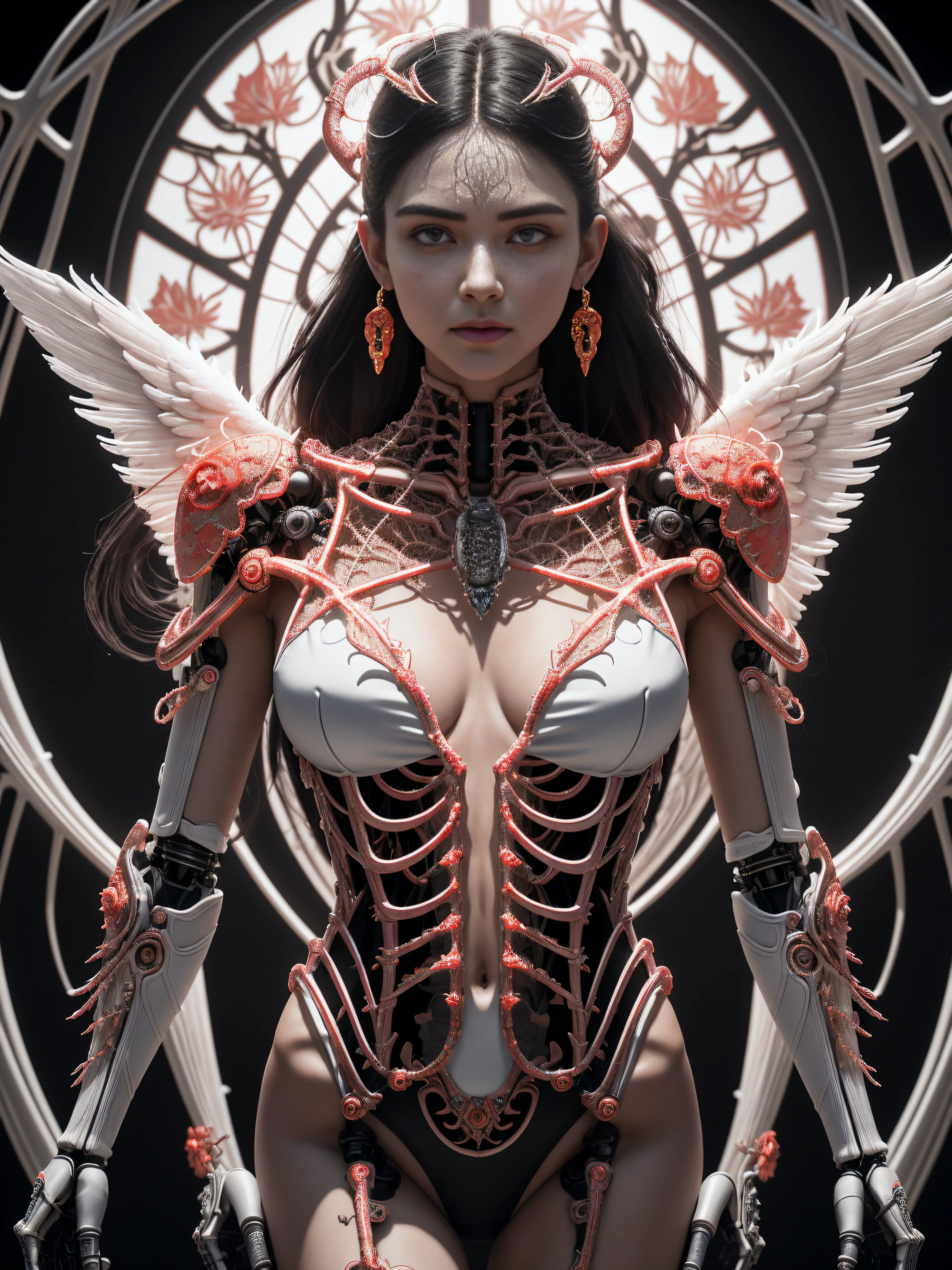 Complex 3d rendering of super detailed beautiful blazing angel，biomechanical cyborg，Analog 150mm lens，Beautiful natural soft edge light，Neon veins，Root，Delicate leaf lace，Colorful details，Boris Bidjan Saberi costume，Skull earrings，nipple piercing，Art Nouveau fashion embroidery，Complicated details，Mesh lines，Mandelbro fractal，face muscles，spiderwebs，micro Chip，badass，hyper realisitc，ultra - detailed，rendering by octane，Volumetriclighting，8k post production，Red and white with a hint of black，Metal skeleton detail，Half-human，Irridescent color，Glenn Brown style，Futuristic room，The power of God，high-angle shot，Complex body posture