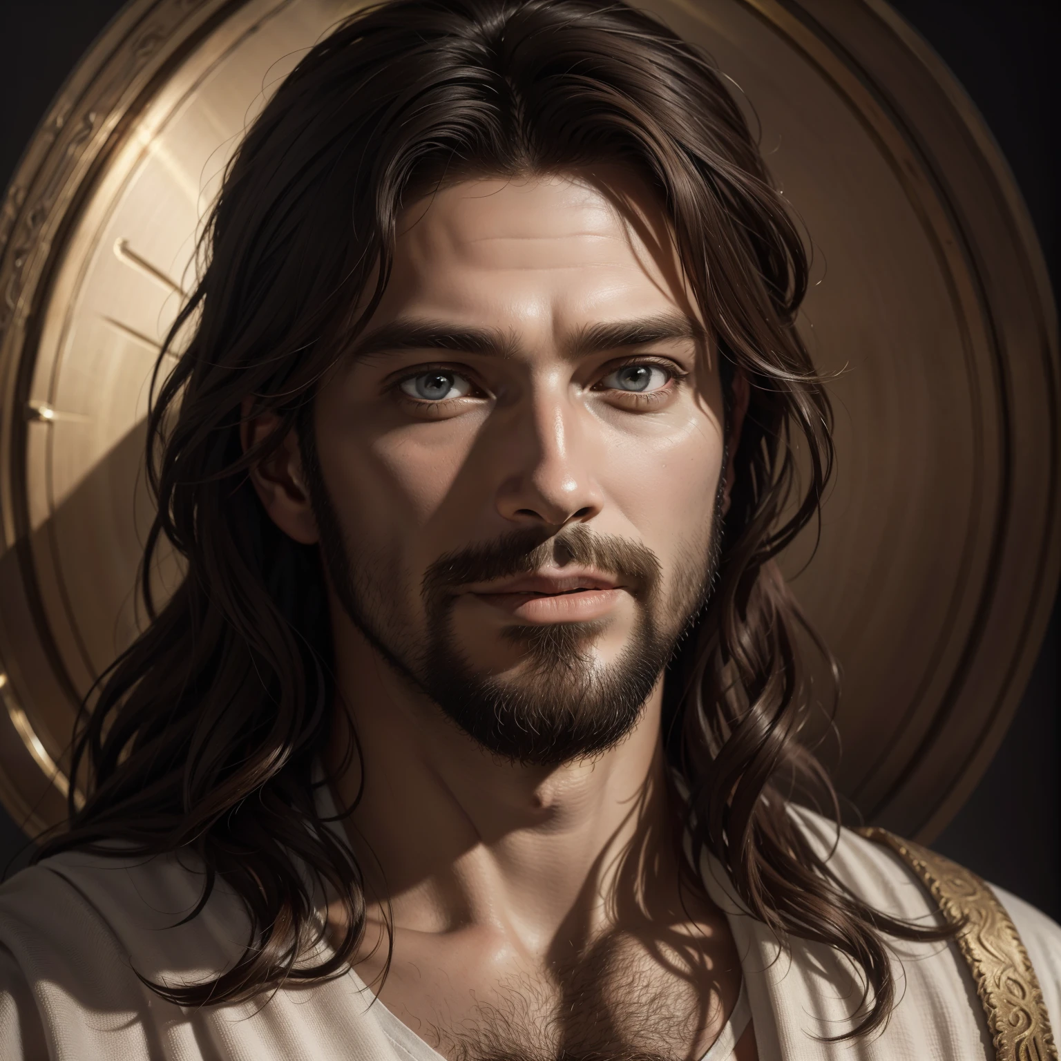 A beautiful, ultra-slim realistic portrait of Jesus, The Prophet, A 34-year-old Hebrew brown man, cheveux bruns courts, longue barbe brune, avec, wear a long linen tunic closed over the chest part, en vue de face, corps entier, biblique, Realstic,by Diego Velázquez,Pierre Paul Rubens,Rembrandt,Alex Ross,8k, Art conceptuel, photoreallistic, Realstic,  illustration, oil painting, surrealism, Hyperrealistic, digital art, style, watercolour 
a 3D Realist of Jesus with a halo in the sky, Mon Dieu, Sourire au paradis, Portrait of Jesus Christ, Face of Jesus, 33 Jeune Dieu Tout-Puissant, Portrait of a celestial god, Greg Olsen, Gigachad Jesus, Jesus de Nazareth, Jesus, Le visage de Dieu, Dieu me regarde, Il vous salue chaleureusement, Il est heureux, avatar image