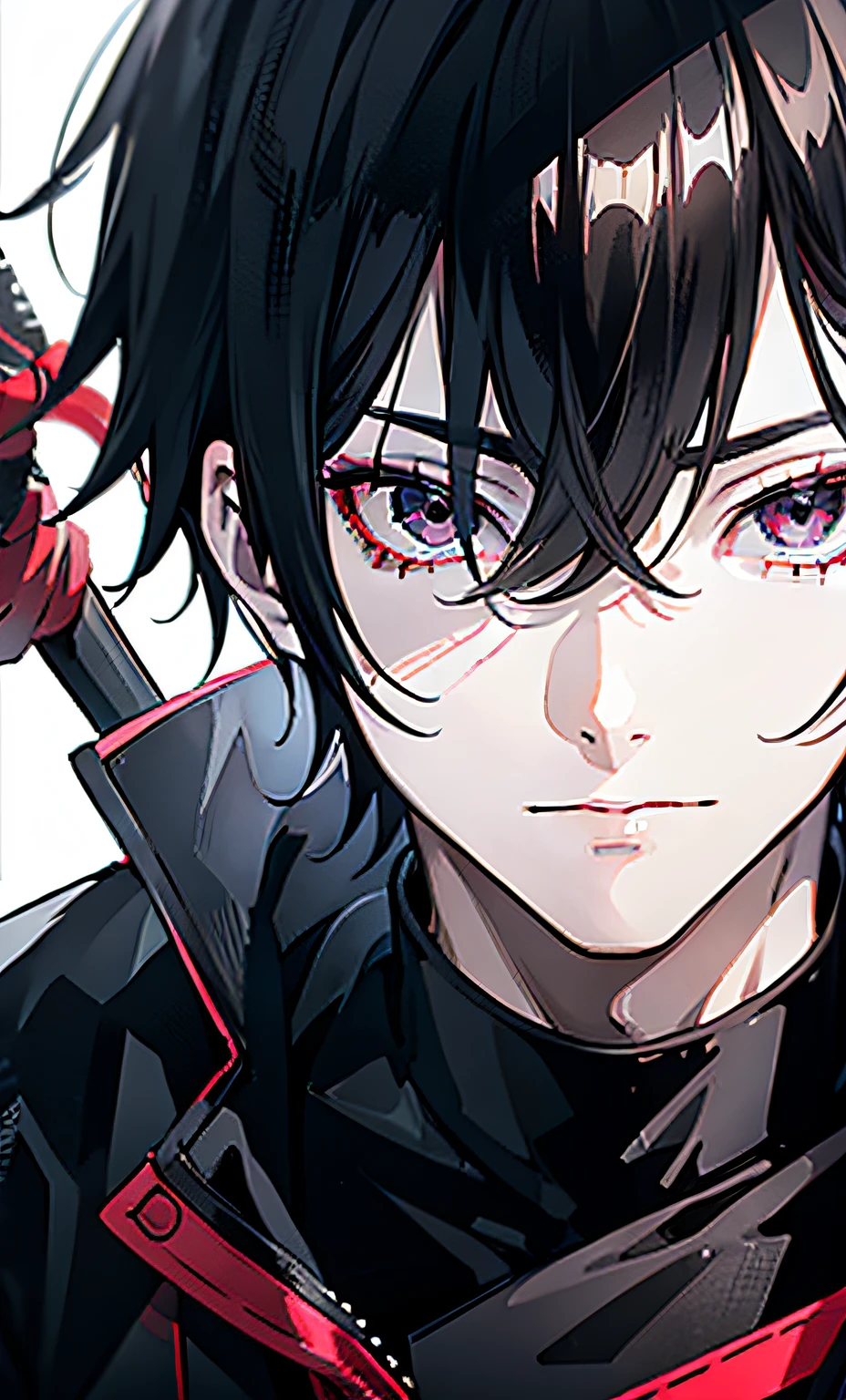 a close up of a person with a creepy hot face black hair male highschool student in a black shirt and a glove, a character portrait, ken kaneki, kaneki ken, black eyes