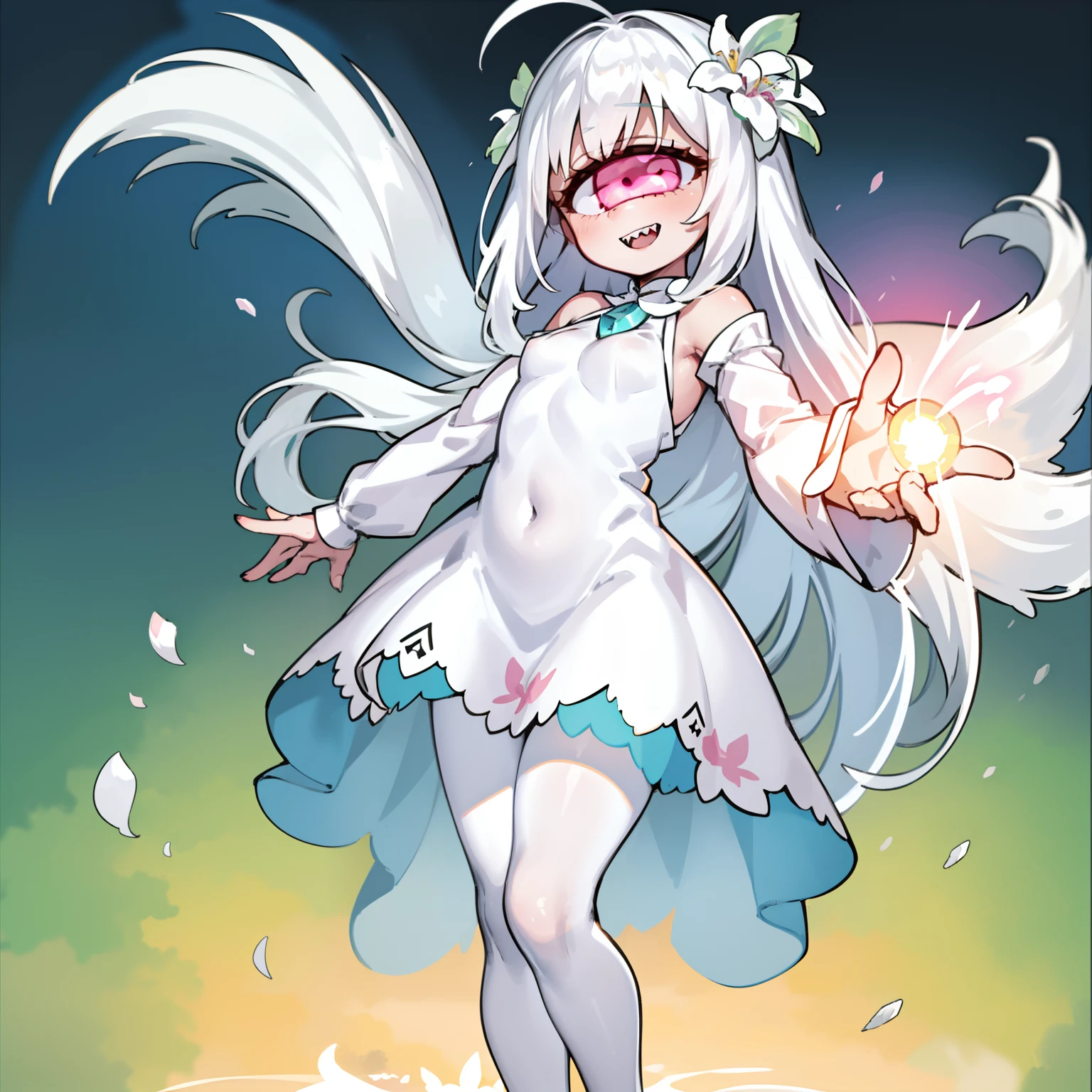 1girl, masterpiece, extremly detailed, (beautiful detailed glow), lens flare, cyclop, (cyclops), one-eyed, flowing flower dress, white pantyhose, open mouth, wide smile, sharp teeth, white hair, flowing hair, looking back, dynamic pose, smile, pink eyes, medium breasts, full body, wide shot, sunrise, clouds, backlighting, green sky, blue sky, gradient sky