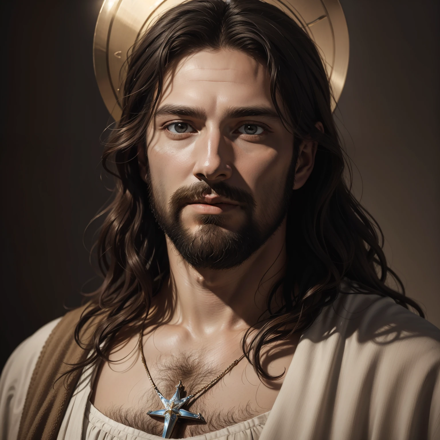 A beautiful, ultra-slim realistic portrait of Jesus, The Prophet, A 34-year-old Hebrew brown man, cheveux bruns courts, longue barbe brune, avec, wear a long linen tunic closed over the chest part, en vue de face, corps entier, biblique, Realstic,by Diego Velázquez,Pierre Paul Rubens,Rembrandt,Alex Ross,8k, Art conceptuel, photoreallistic, Realstic,  illustration, oil painting, surrealism, Hyperrealistic, digital art, style, watercolour 
a 3D Realist of Jesus with a halo in the sky, Mon Dieu, Sourire au paradis, Portrait of Jesus Christ, Face of Jesus, 33 Jeune Dieu Tout-Puissant, Portrait of a celestial god, Greg Olsen, Gigachad Jesus, Jesus de Nazareth, Jesus, Le visage de Dieu, Dieu me regarde, Il vous salue chaleureusement, Il est heureux, avatar image