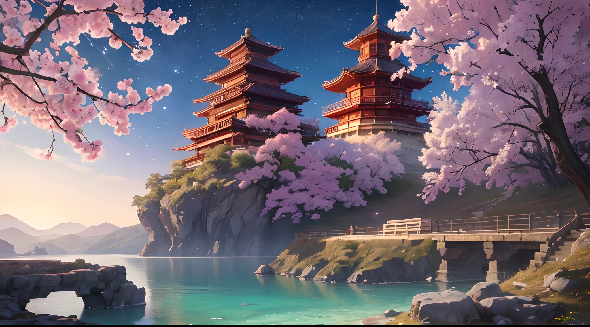 sakura, pagoda,masterpiece, best quality, high quality, extremely detailed CG unity 8k wallpaper, scenery, outdoors, sky, cloud, day, no humans, mountain, landscape, water, tree, blue sky, waterfall, cliff, nature, lake, river, cloudy sky,award winning photography, Bokeh, Depth of Field, HDR, bloom, Chromatic Aberration ,Photorealistic,extremely detailed, trending on artstation, trending on CGsociety, Intricate, High Detail, dramatic, art by midjourney,(extremely detailed CG unity 8k wallpaper,masterpiece, best quality, ultra-detailed),(best illumination, best shadow, an extremely delicate and beautiful),,starry sky, stars in the background, shining halo