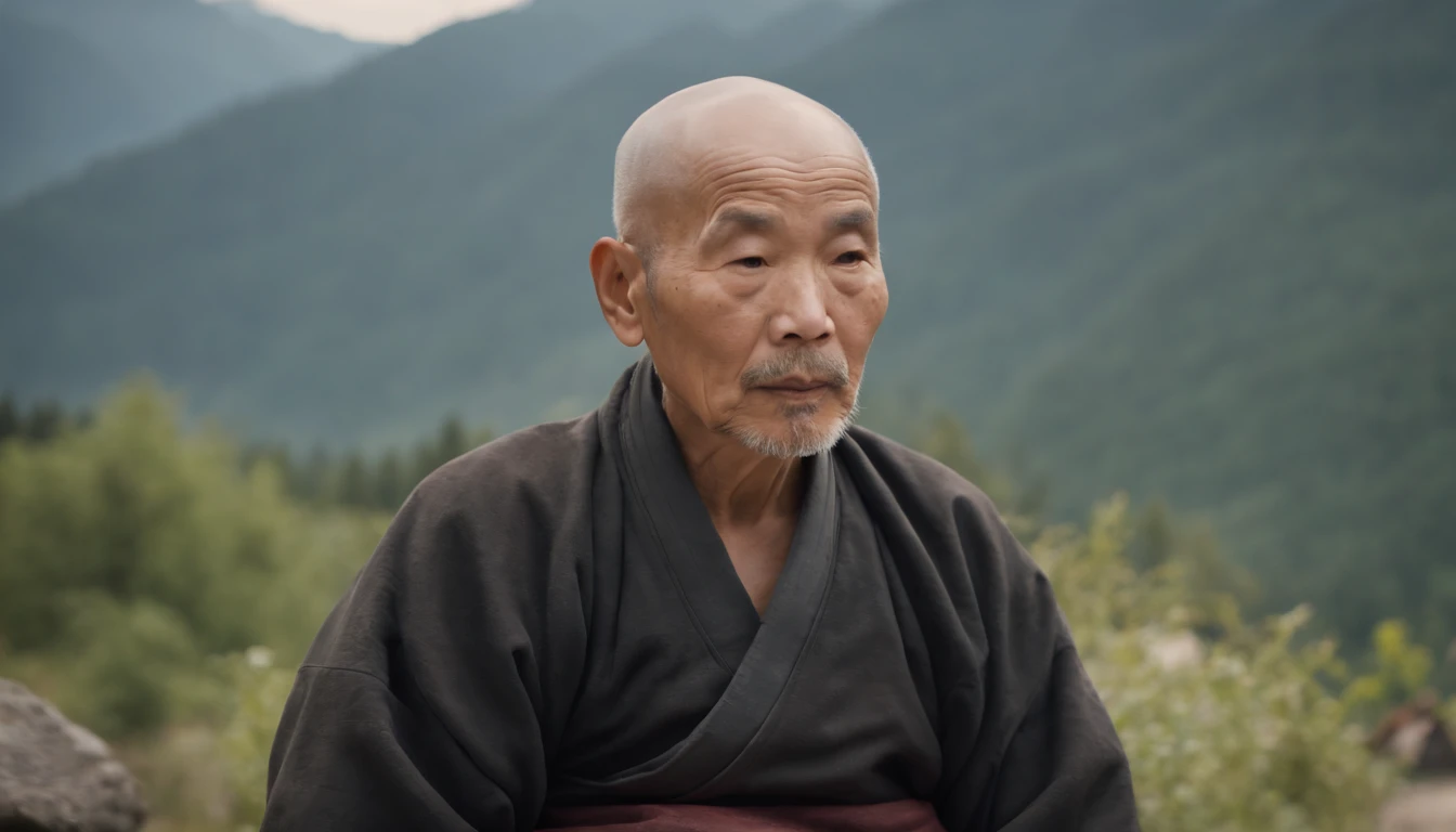 An old Zen master, named Hoshiko, is meditating with satisfaction in his face in a quiet village nestled among the mountains