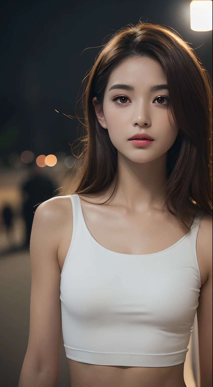 ((Realistic lighting, Best quality, 8K, Masterpiece: 1.3)), Clear focus: 1.2, 1girl, Perfect Figure: 1.4, Slim Abs: 1.1, ((Dark brown hair)), (White crop top: 1.4), (Outdoor, Night: 1.1), City streets, Super fine face, Fine eyes, Double eyelids,