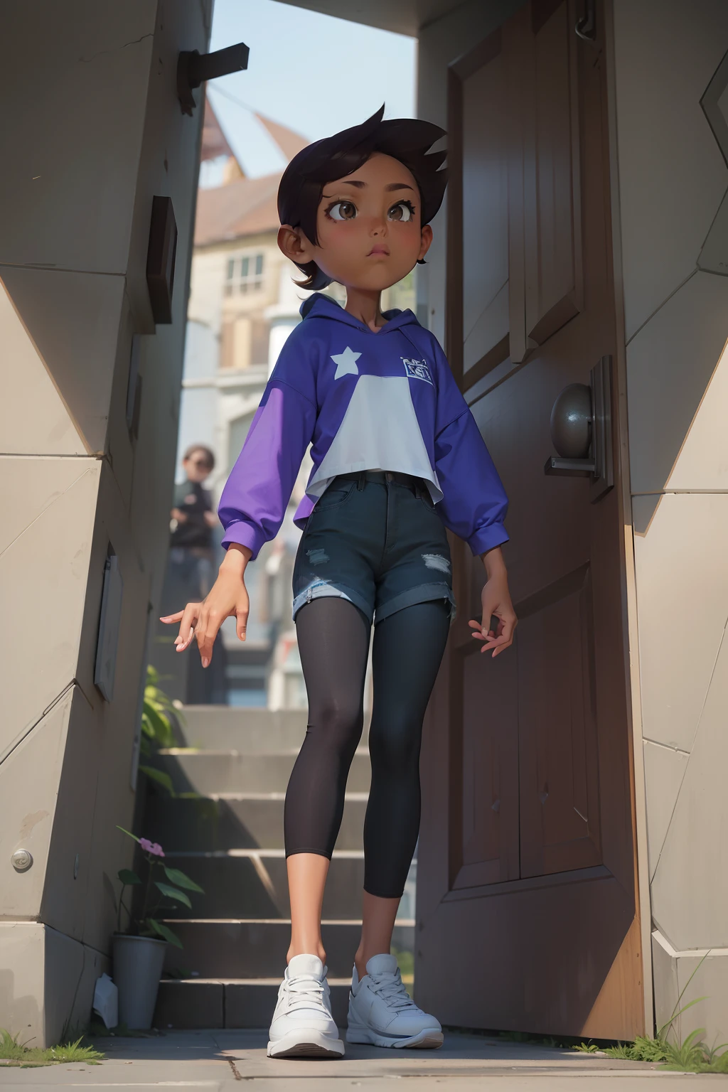 LuzS1, 1girl, short brown hair, brown eyes, dark skin, blue and white shirt with hoodie, jeans shorts, black leggings, white shoes, midriff, short sleeves, perfect anatomy, solo, upper body