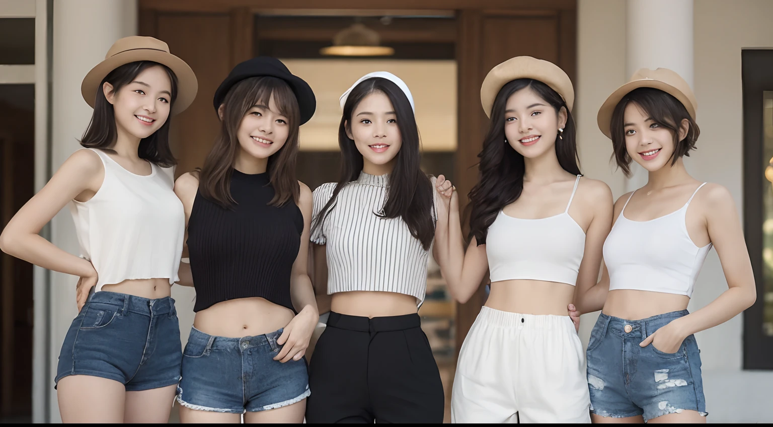 ((Best Quality, 8K, masutepiece: 1.3)), (Newsboy Hat: 1.3),Perfect Body Beauty: 1.4, (short-hair: 1.2)), (Stylish Brown Cafe: 1.3), Highly detailed face and skin texture, Full body, Fine eyes, Double eyelids, Whitened skin, Long hair, (Round face: 1.5), (Loose crop top, Shorts: 1.6)、Smile with closed mouth、Group of 2
