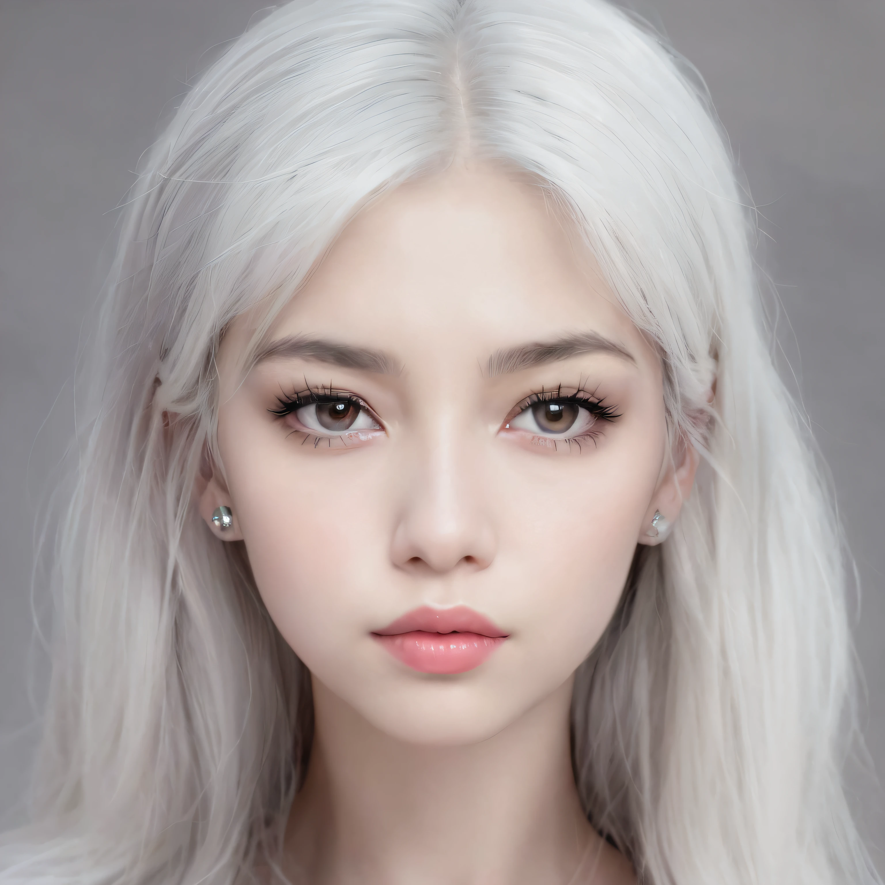 Close up of a woman with white hair and pink lips, Girl with white hair, Perfect white haired girl, white-hair pretty face, Girl silver hair, white haired Cangcang, White-haired, Realistic. Cheng Yi, Beautiful realistic face, Silver hair girl, Kawaii realistic portrait, white haired lady, hyperrealistic face, with very highly detailed face,beast ear