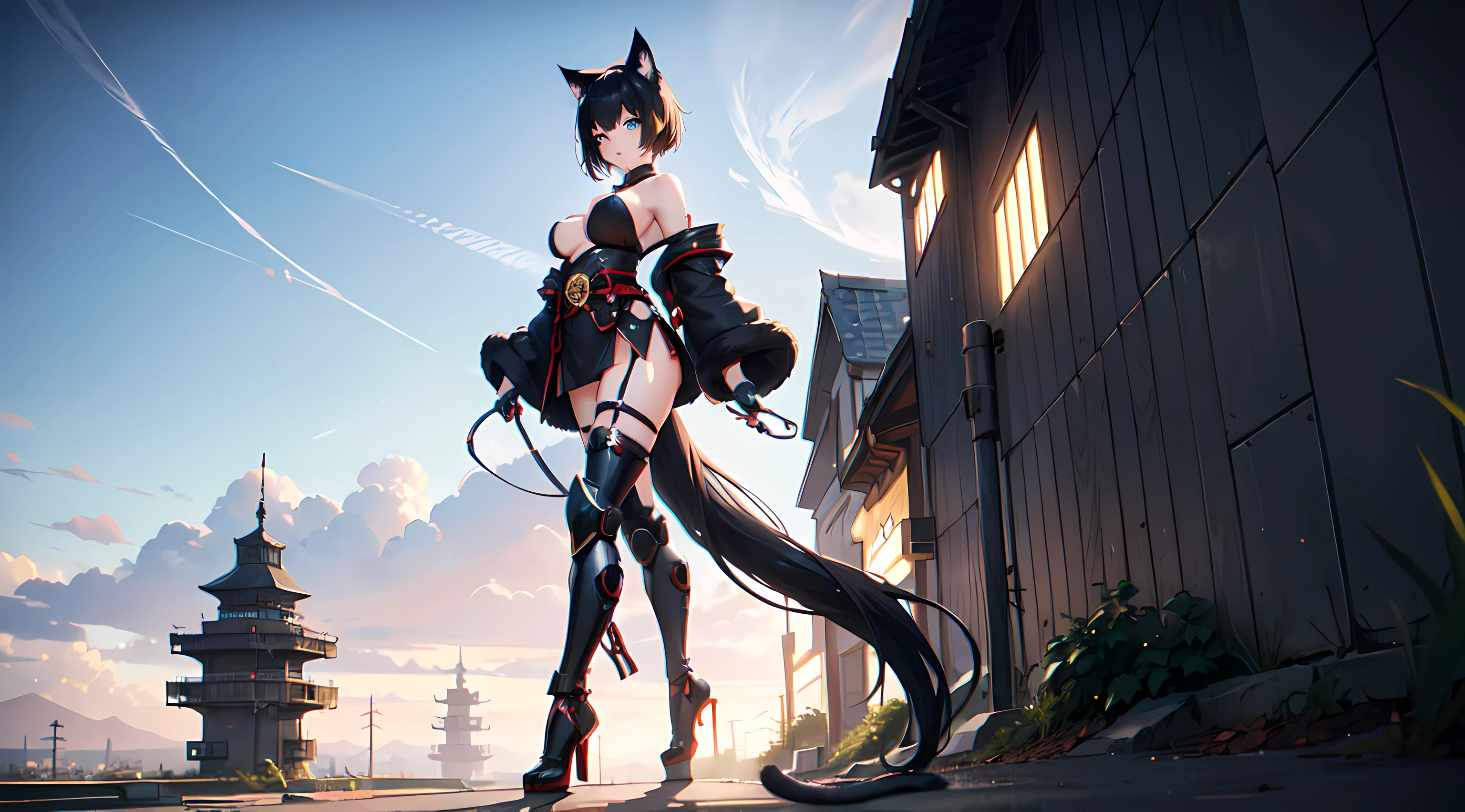 1 sexy cat girl, short black hair with cat ears and fluffy tail, blue eyes, wearing sexy samurai outfit with armor, having cyber arms, walking through the wasteland, high res, 8k, ultrasharp, masterpiece, landscape, looking at the viewer, character fitting in the image, full body, dark color scheme