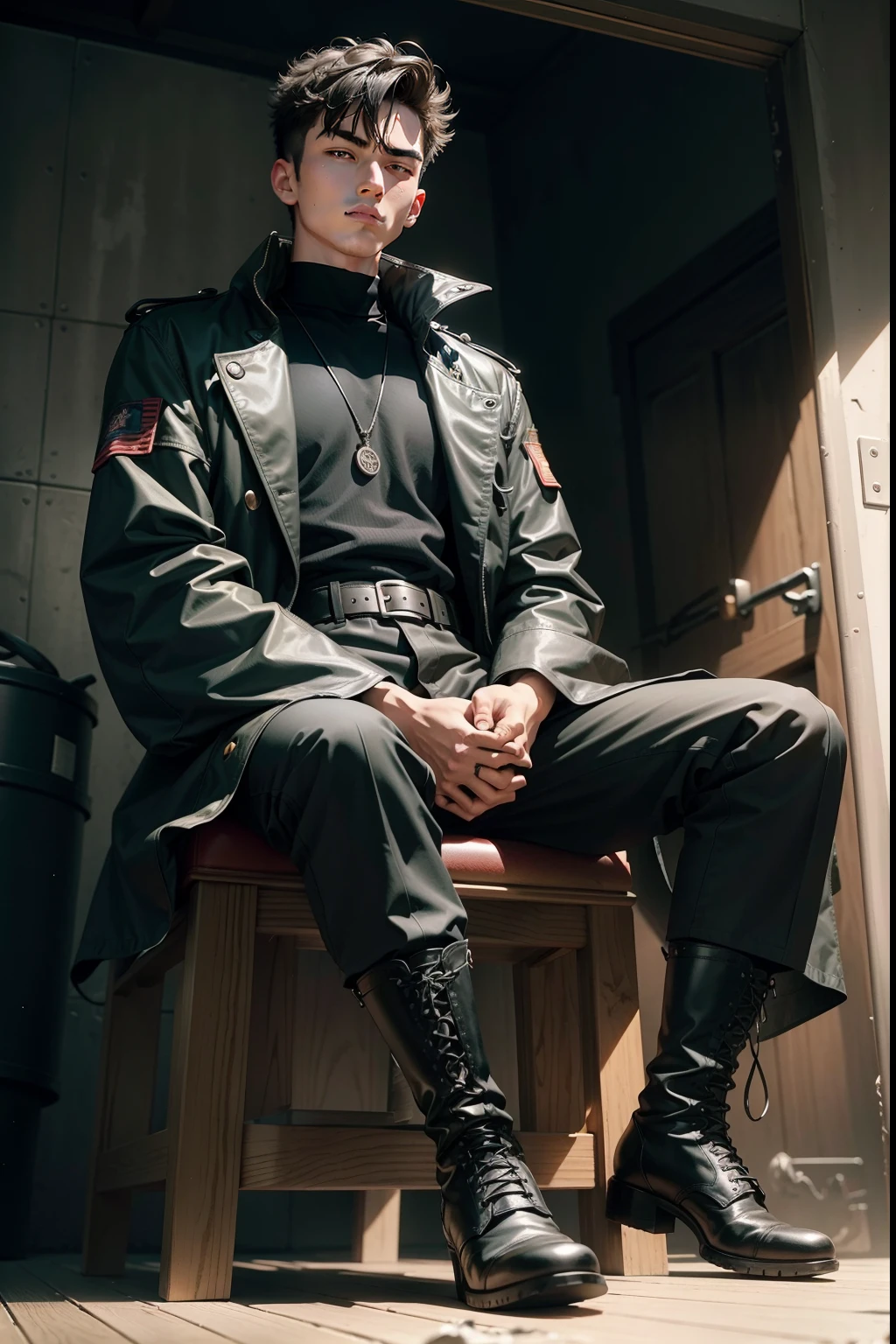 20-year-old man，Man，Height 195，jpn，Back head，seated on a throne，God perspective，The eyes are about to face each other，Chinese men，musculature，Lift one foot，Wears a long black trench coat，Black socks，Black tall riding boots，Wear riding boots，wearing military shoes，Black riding boots，Ferocious and ferocious，Prison background，Rope in hand