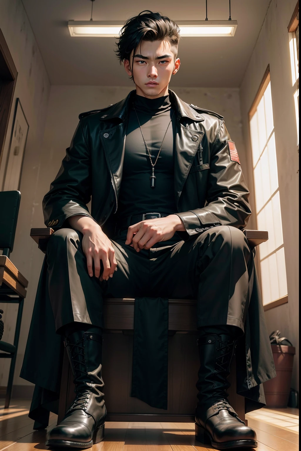 20-year-old man，Man，Height 195，jpn，Back head，seated on a throne，God perspective，The eyes are about to face each other，Chinese men，musculature，Lift one foot，Wears a long black trench coat，Black socks，Black tall riding boots，Wear riding boots，wearing military shoes，Black riding boots，Ferocious and ferocious，Prison background，Rope in hand