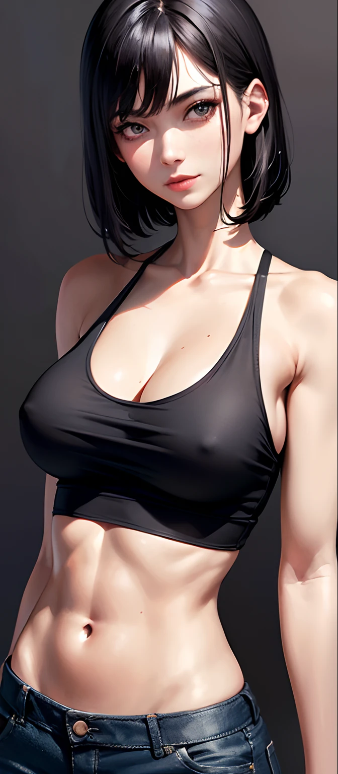 ((Best quality, 8K, Masterpiece: 1.3)), full bodyesbian, Focus Clear: 1.2, Outstanding style: 1.4, Slender abs: 1.2, ((Black hair, : 1.2)), Black tank top, Highly detailed face and skin texture, Detailed eyes, Double eyelids,Large breasts,cleavage