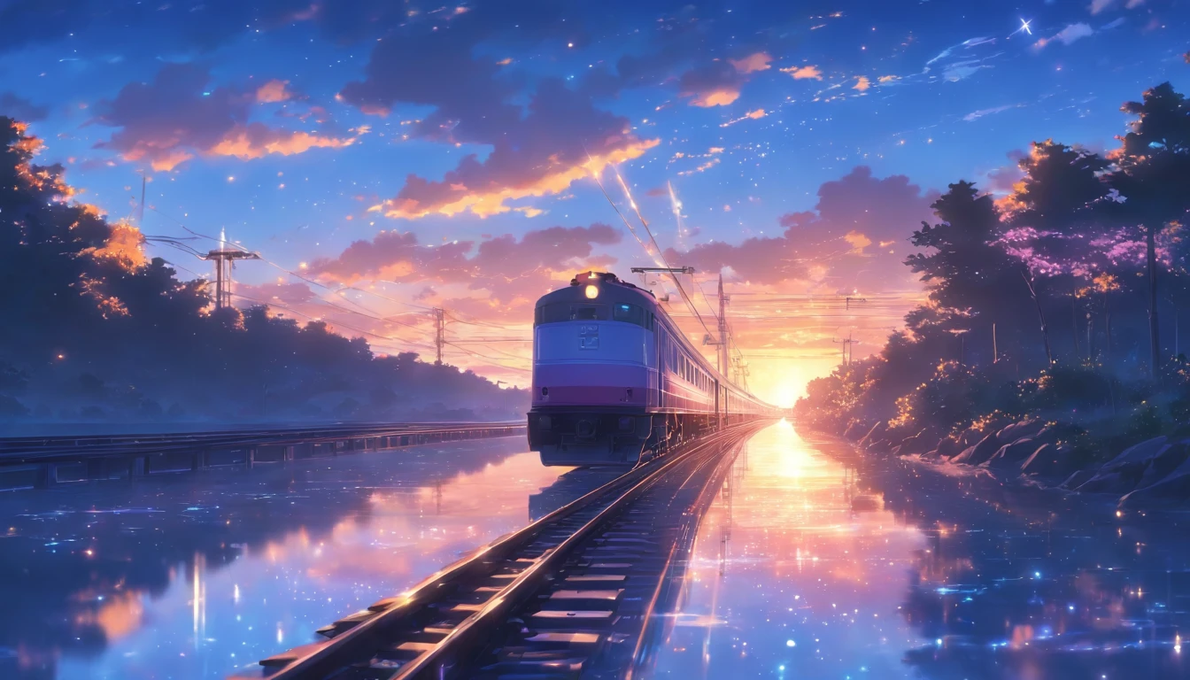 High quality masterpiece ，scenecy，Anime train passing through bodies of water on tracks， Glittering starry sky。Romantic train，Pisif，concept-art，Lofi art style，Reflectors。 By Makoto Shinkai, Lofi art, beautiful anime scenes, Anime landscapes, Detailed scenery —width 672, in the style of makoto shinkai, Makoto Shinkai's style，Detail enhancement