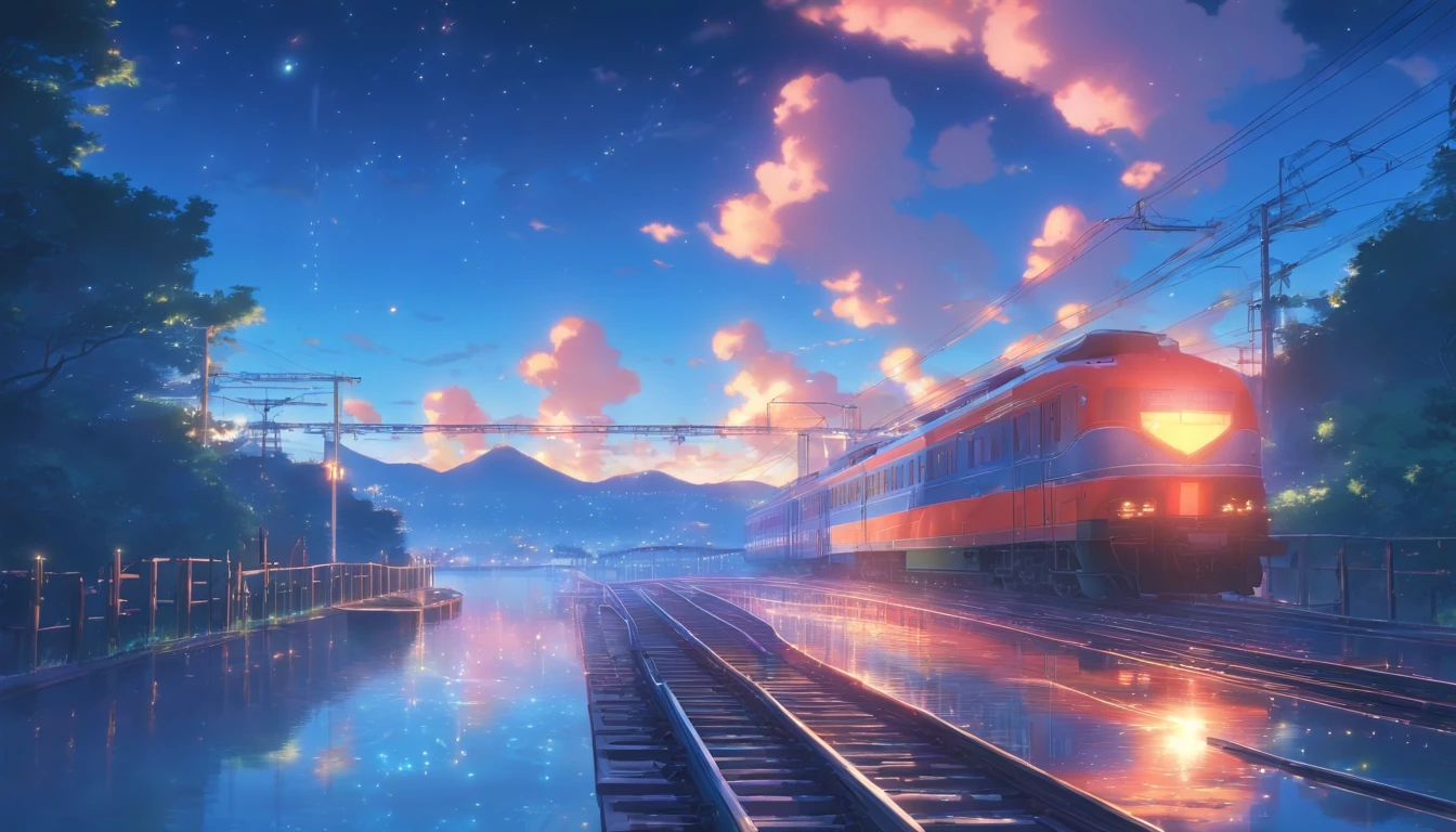 High quality masterpiece ,scenecy,Anime train passing through bodies of water on tracks, Glittering starry sky。Romantic train,Pisif,concept-art,Lofi art style,Reflectors。 By Makoto Shinkai, Lofi art, beautiful anime scenes, Anime landscapes, Detailed scenery —width 672, in the style of makoto shinkai, Makoto Shinkai's style,Detail enhancement