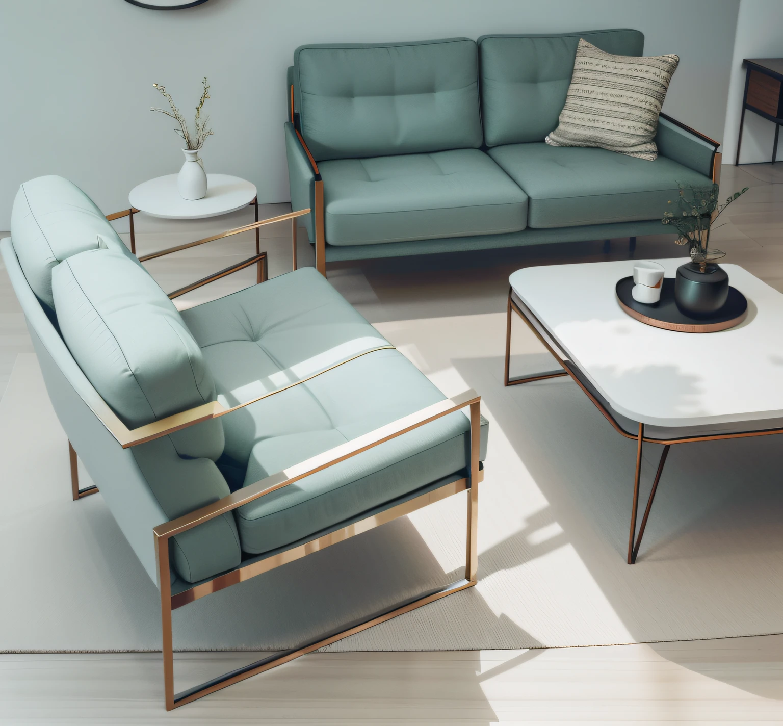 There are two sofas and a table in the room, full subject shown in photo, detailed zoom photo, armchairs, stunning lines, high angle close up shot, lounge furniture, lounge room, very sharp details, author:Jens Sendergaard, sitting in a lounge, look at the details, detailed wide shot, furniture concept photo!!, easygoing, Product photo
