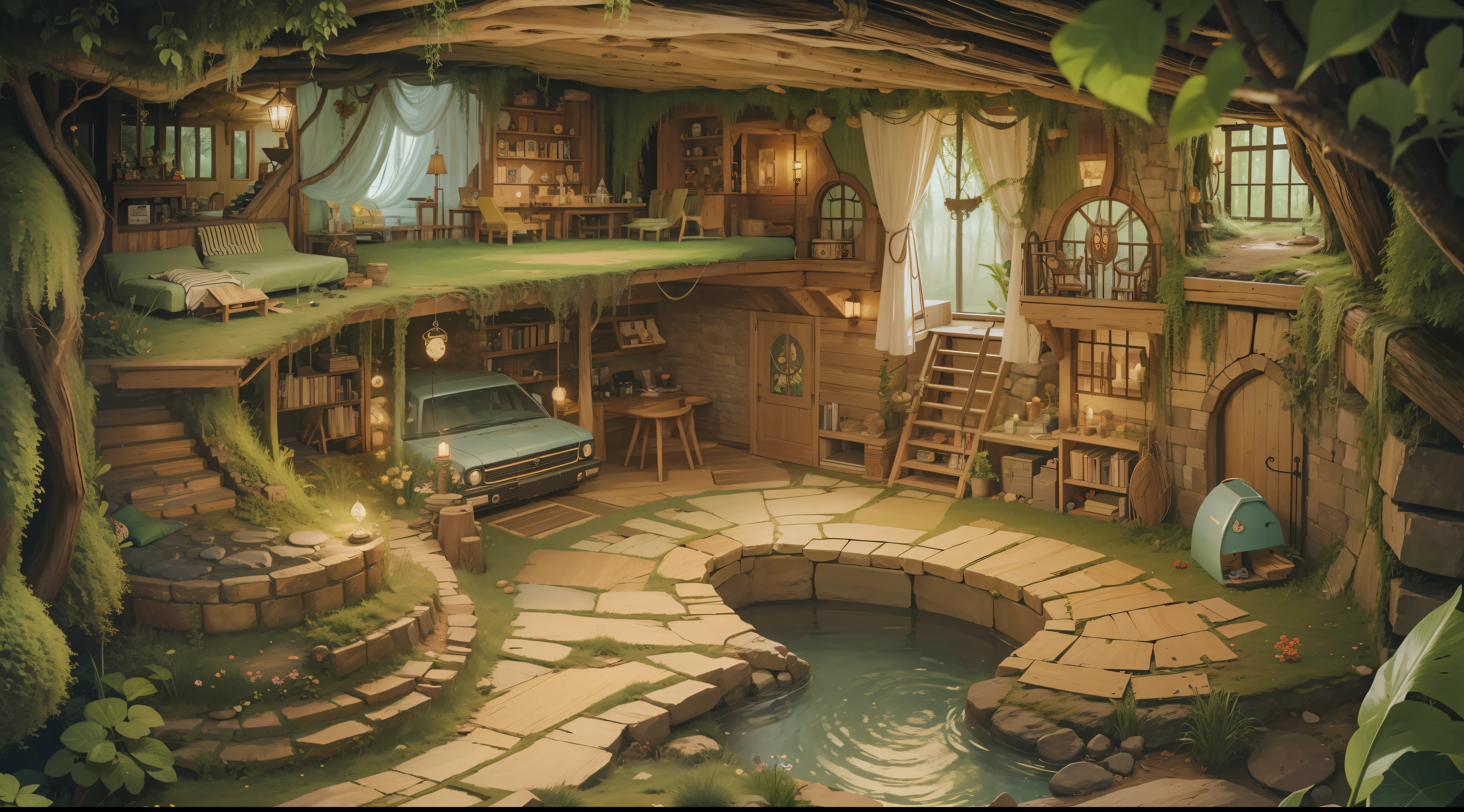 A section view of the house,forest theme,underground cave,Different rooms,Brian Kessinger,cartoonish style,(dream magical,Conceptual digital art,(The is very detailed,reasonable design,Clear lines,High clarity,The best quality,tmasterpiece,4K)